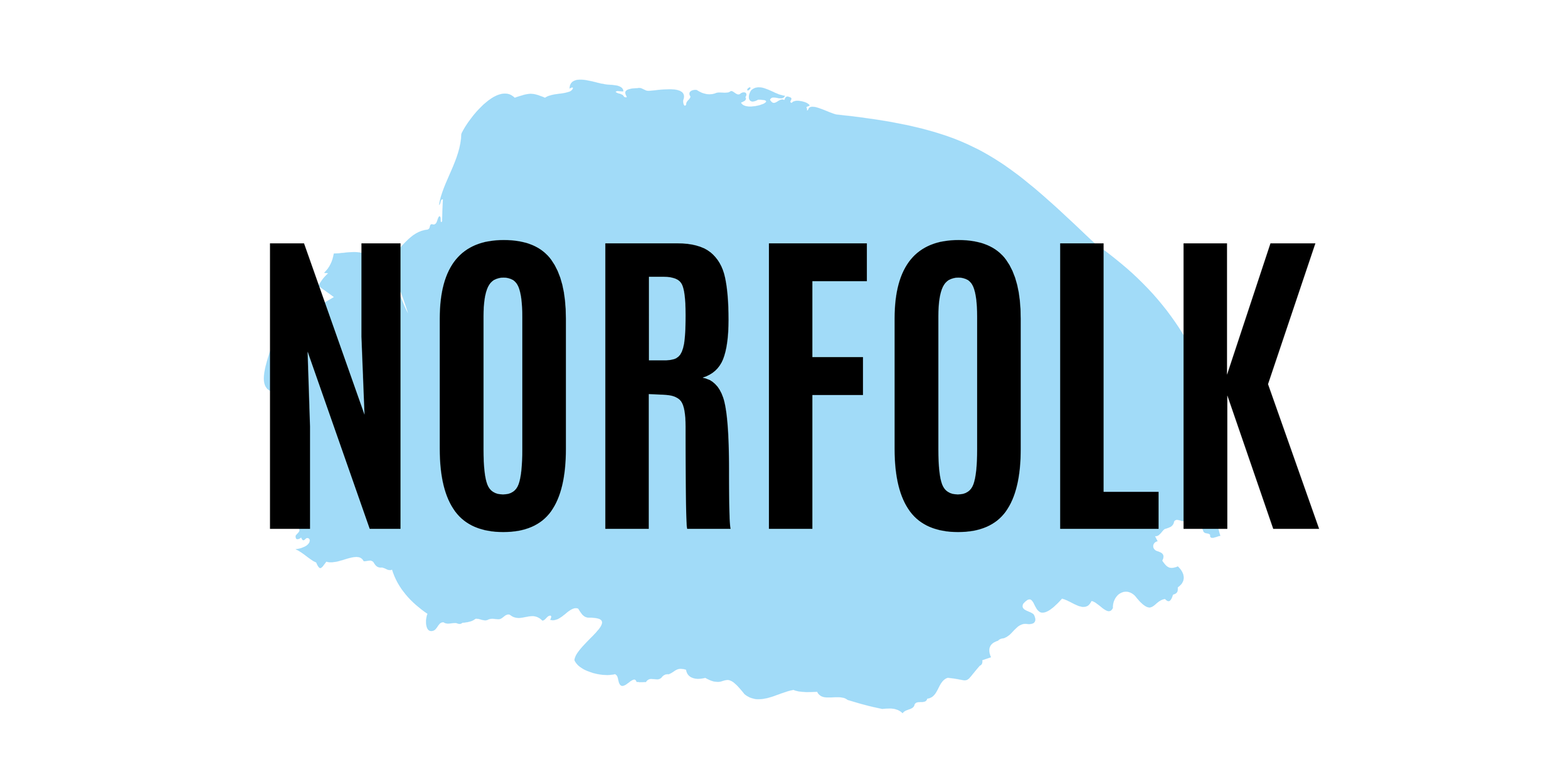The word "Norfolk" in bold black letters over a light blue paint splatter background.