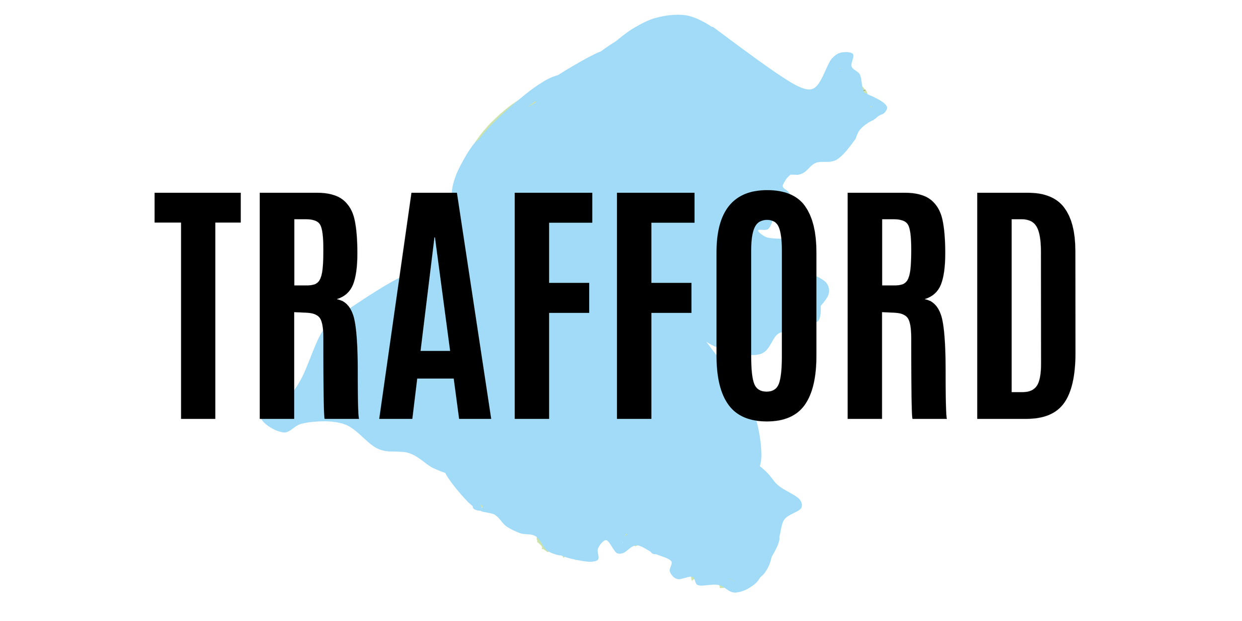 The word 'TRAFFORD' in bold, black font over a light blue silhouette of a map.