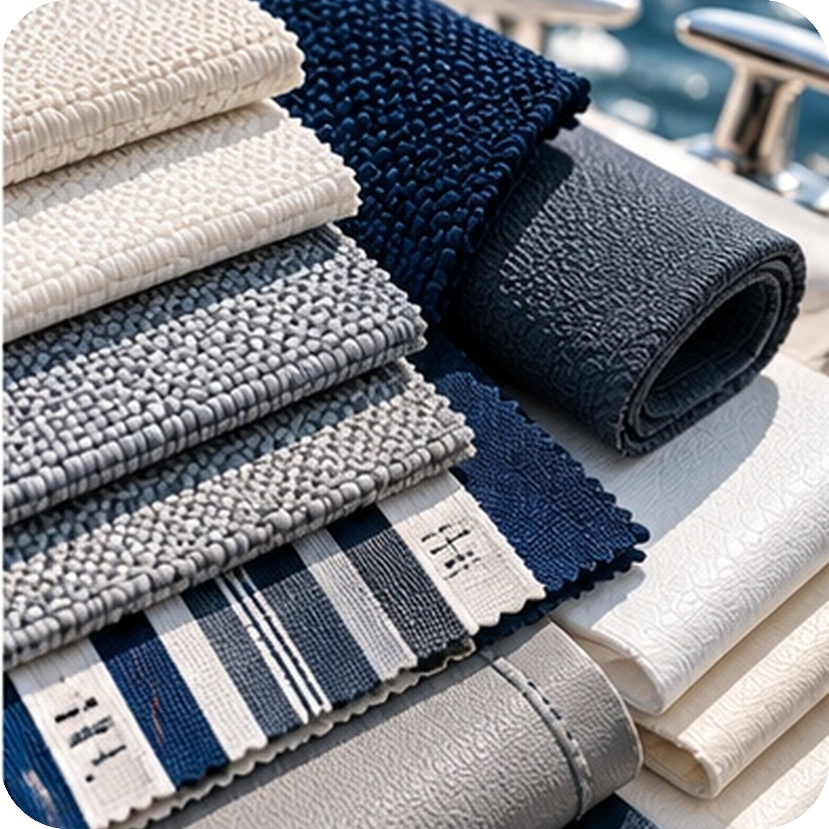 Stacked fabric swatches in shades of blue, white, and gray with various textures and patterns, including woven, textured, and striped designs.