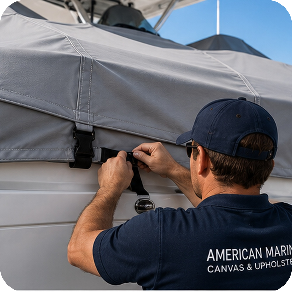 A man wearing a navy blue cap and sunglasses is securing a gray canvas cover over a boat using straps. He is wearing a navy blue shirt with the words 'American Marine Canvas & Upholstery' printed on it.