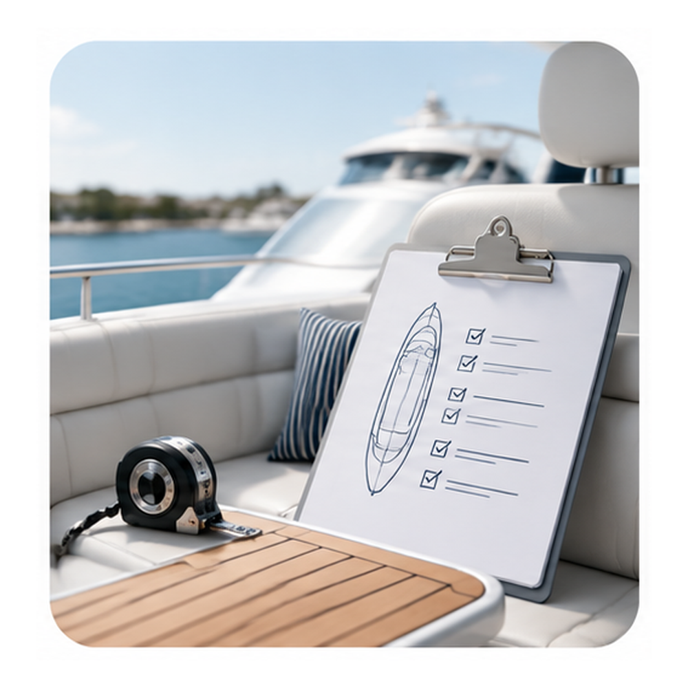 A checklist on a clipboard with a boat diagram on a yacht deck, with a speaker and a striped cushion nearby, and a large yacht in the background on the water.