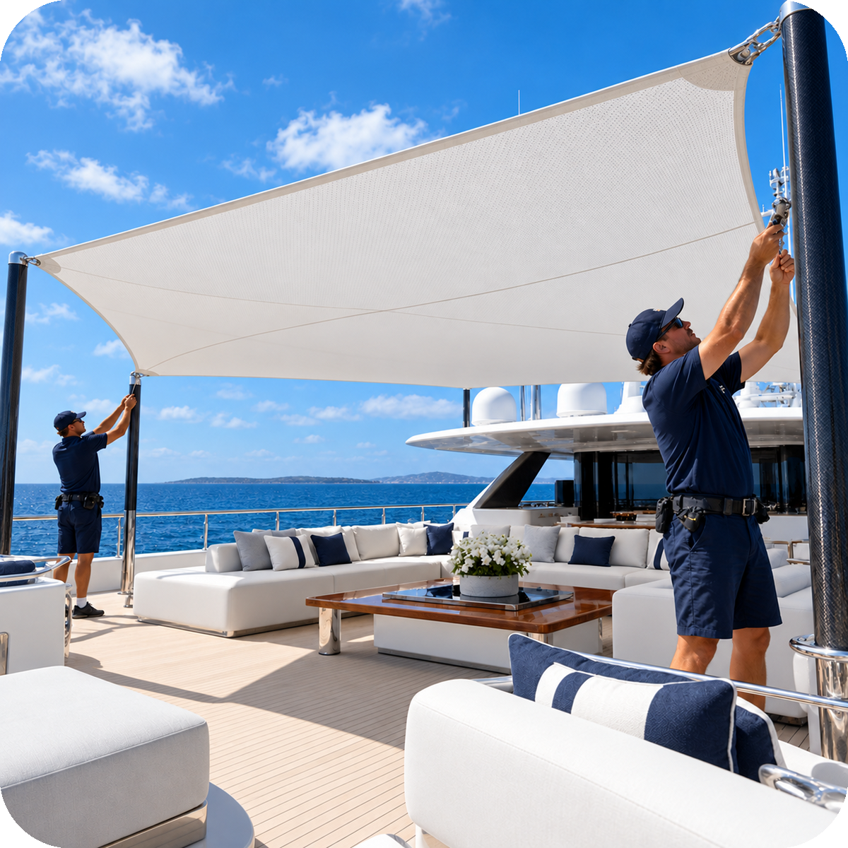 Two crew members on a yacht setting up a large shade sail on a bright, sunny day with blue skies and open sea in the background.