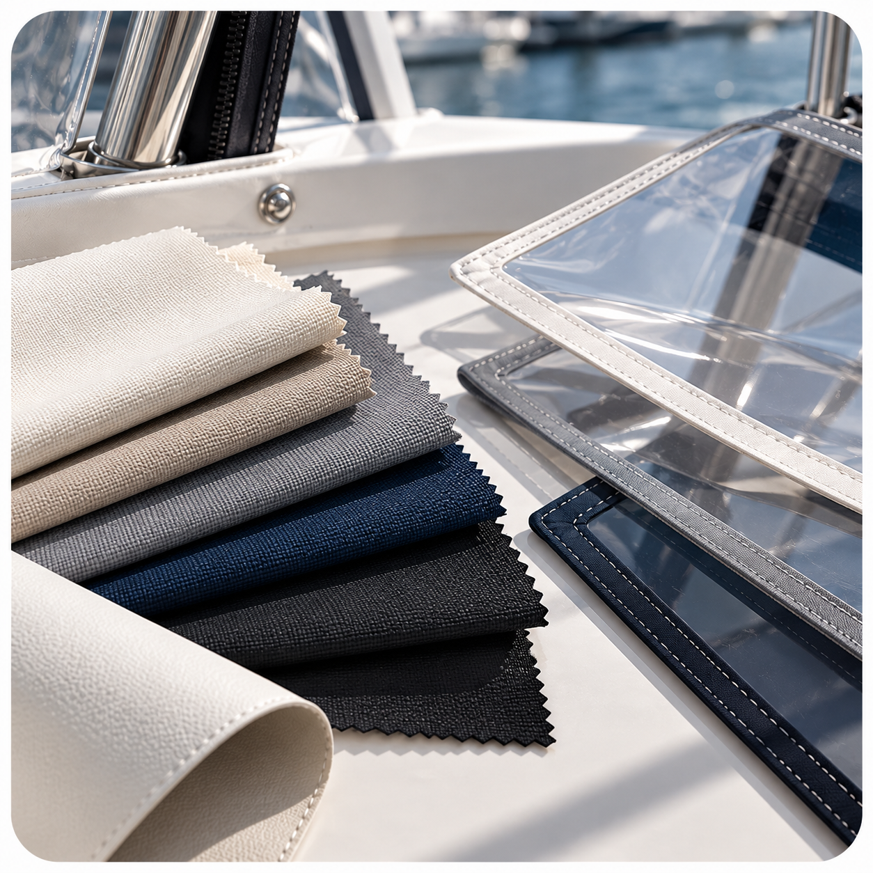 Fabrics and sample swatches in neutral tones arranged on a boat deck near clear plastic display cases with a marina in the background.