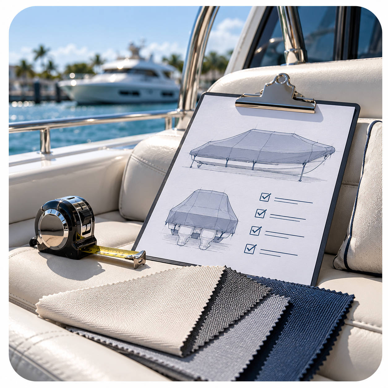 Drafts of boat canopy designs on a clipboard, fabric samples, a measuring tape, and a boat seat on a yacht.