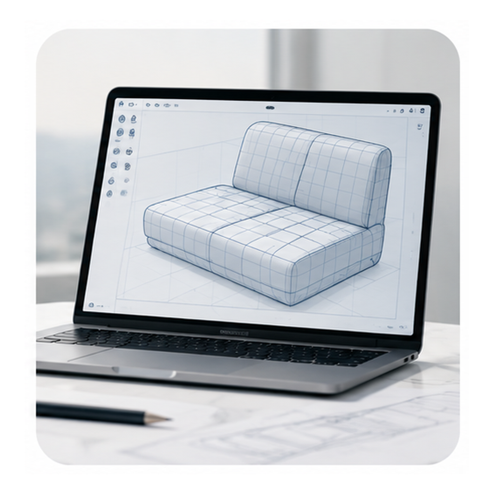 Laptop displaying a 3D design of a couch with grid lines.