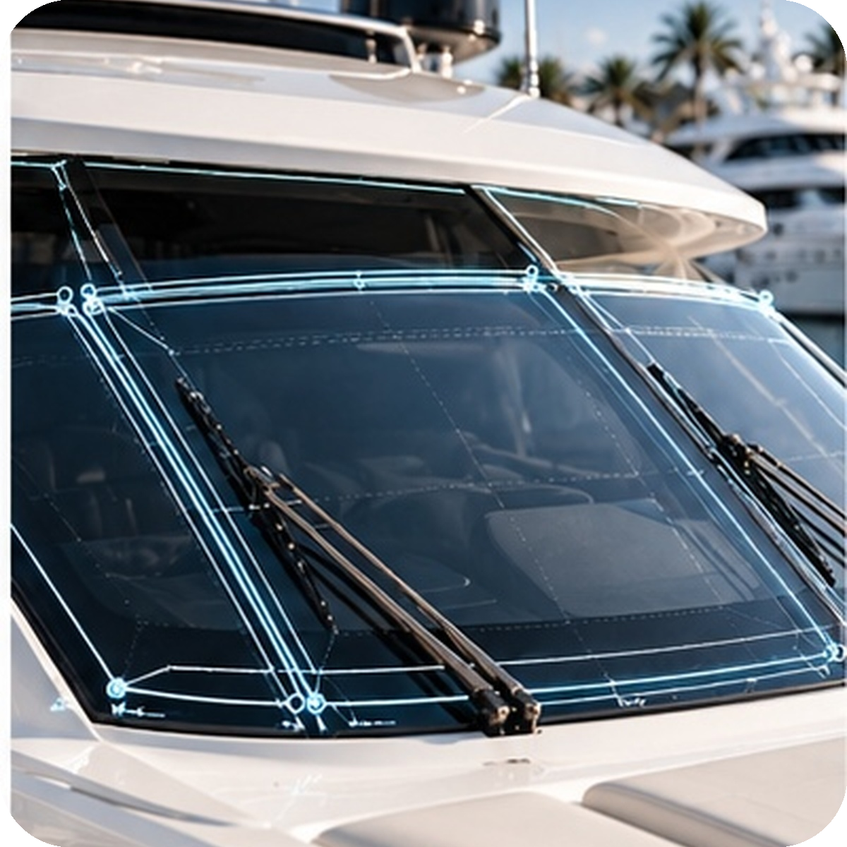 Close-up of a yacht's front windshield with digital overlays highlighting structural features, docked at a marina with other yachts and palm trees in the background.