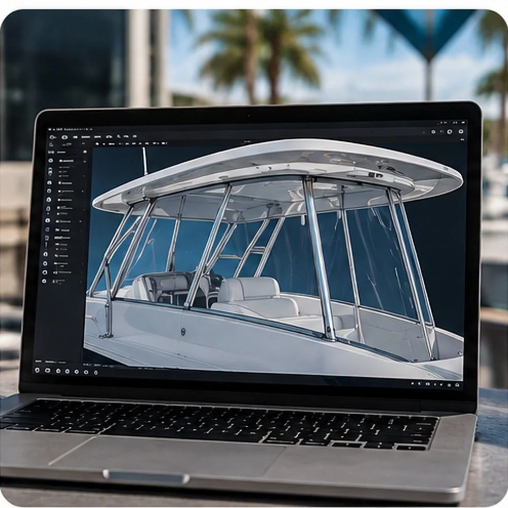 Laptop displaying a 3D render of a yacht with a white canopy, set against a backdrop of palm trees and blue sky.