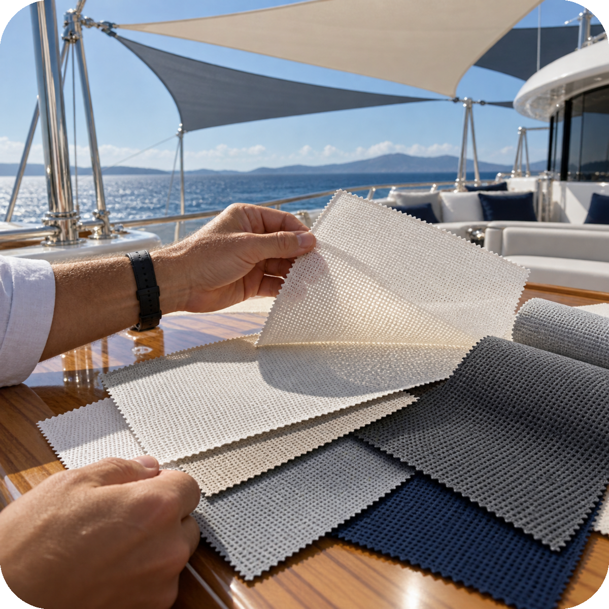 A person examining fabric swatches on a boat deck overlooking the ocean with a mountain range in the background.