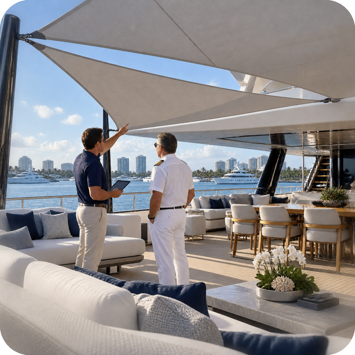 Two men, one in a pilot uniform and the other in casual attire, having a conversation on a yacht deck with city skyline and boats in the background.