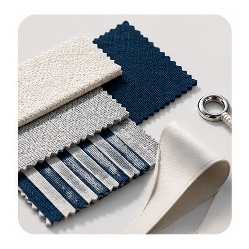 Fabric swatches in white, blue, gray, and striped patterns, a roll of white material, and a ringed curtain pull on a white surface.