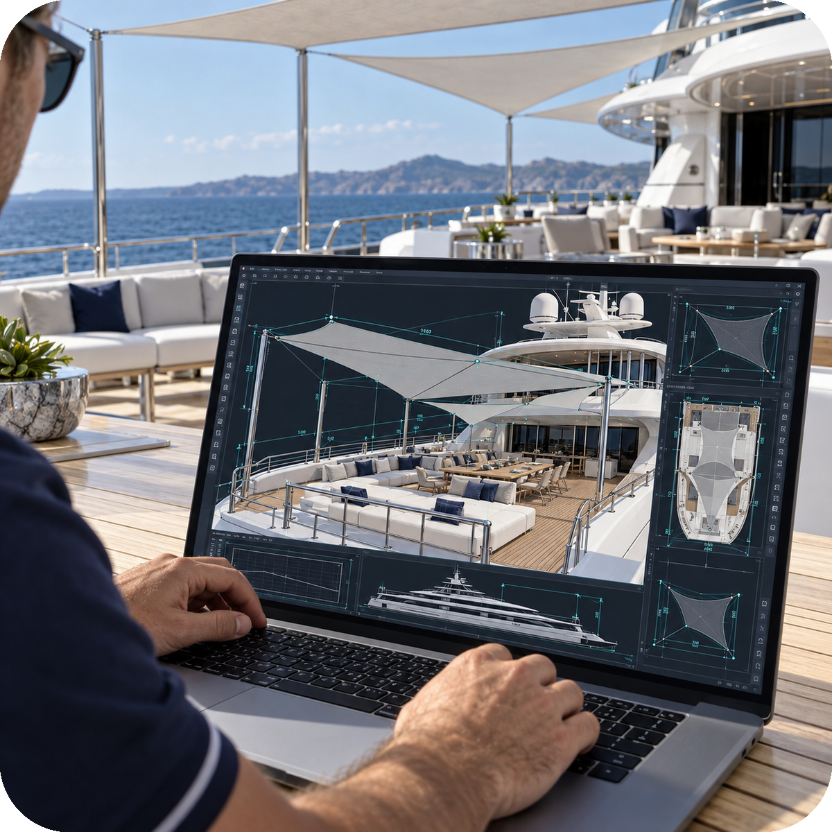 A person working on a laptop with a yacht design on the screen, located on a yacht deck with outdoor seating and ocean in the background.