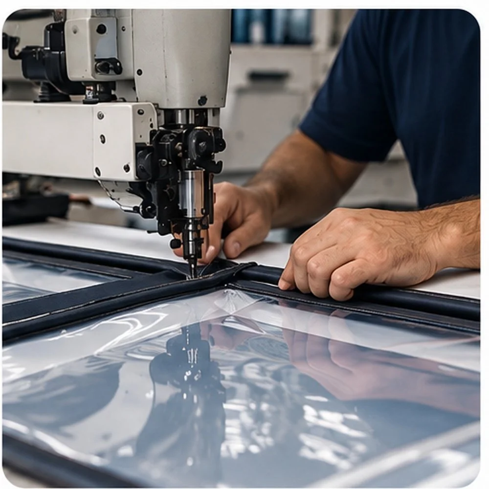 A person using a precision milling machine to cut or engrave a clear sheet of plastic or glass.