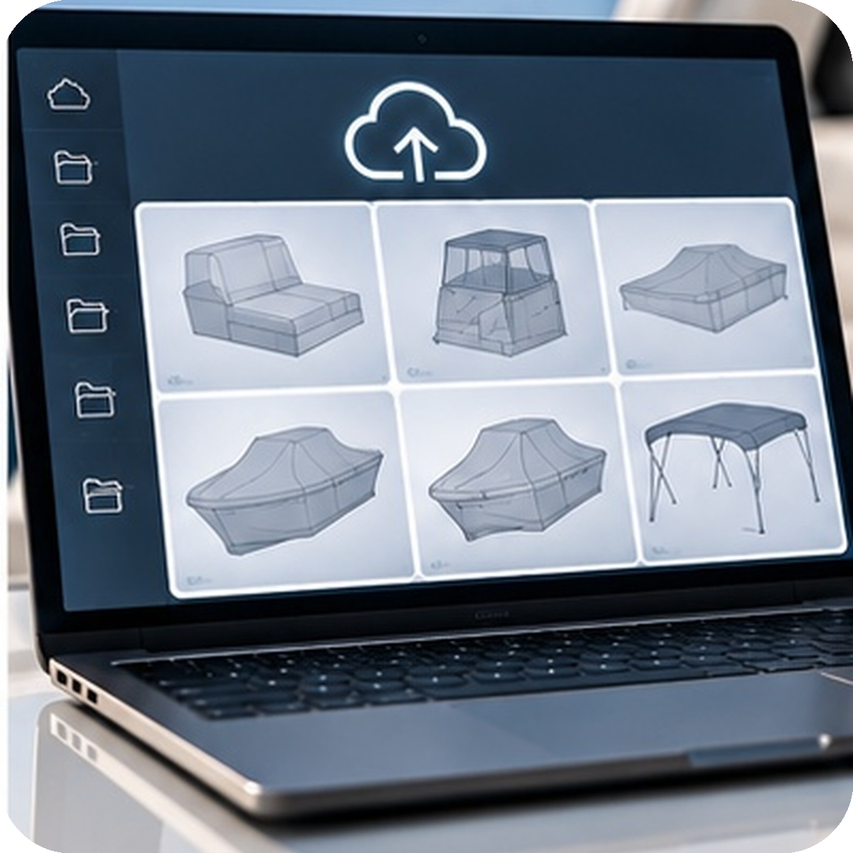 Laptop screen displaying various 3D models or diagrams of outdoor furniture and canopy shades related to planning or design interface.