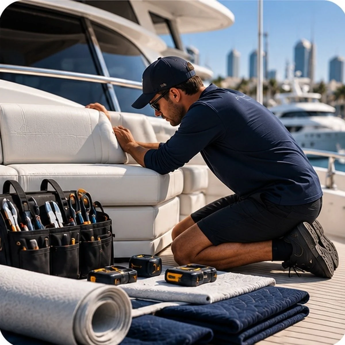 A man kneeling on a boat floor, working on a white cushioned seat, surrounded by tools and equipment, with yachts and a city skyline in the background.