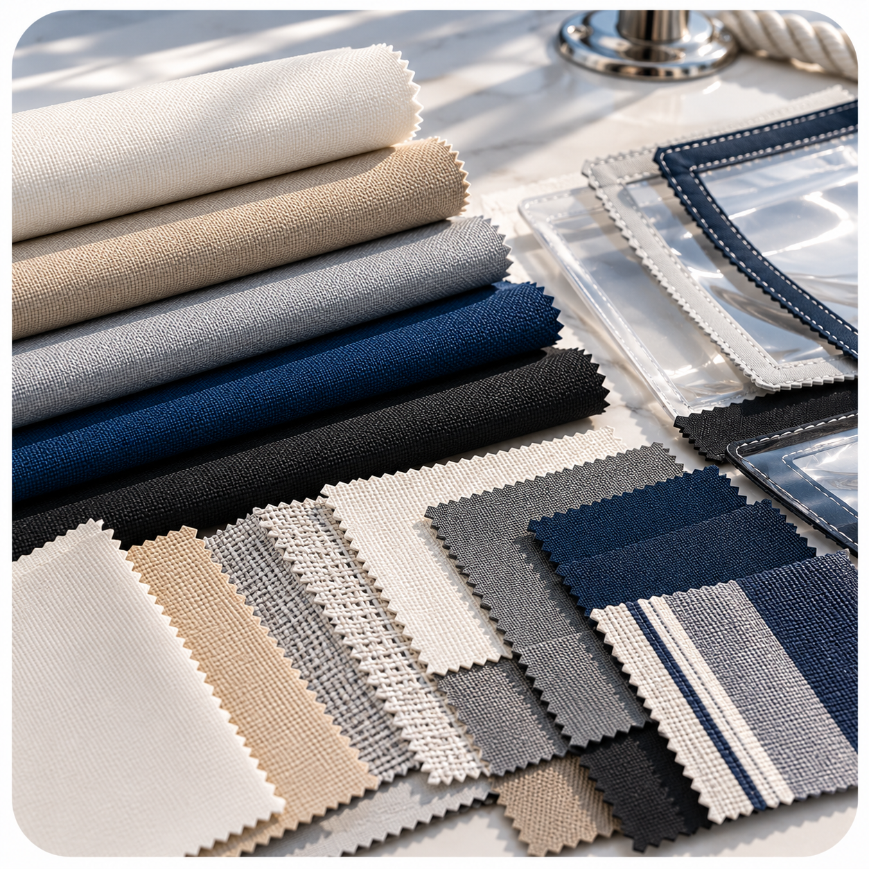 Stacked fabric swatches in neutral and dark colors, fabric samples with varying textures, clear plastic sample frames, and color palette options displayed on a white surface.