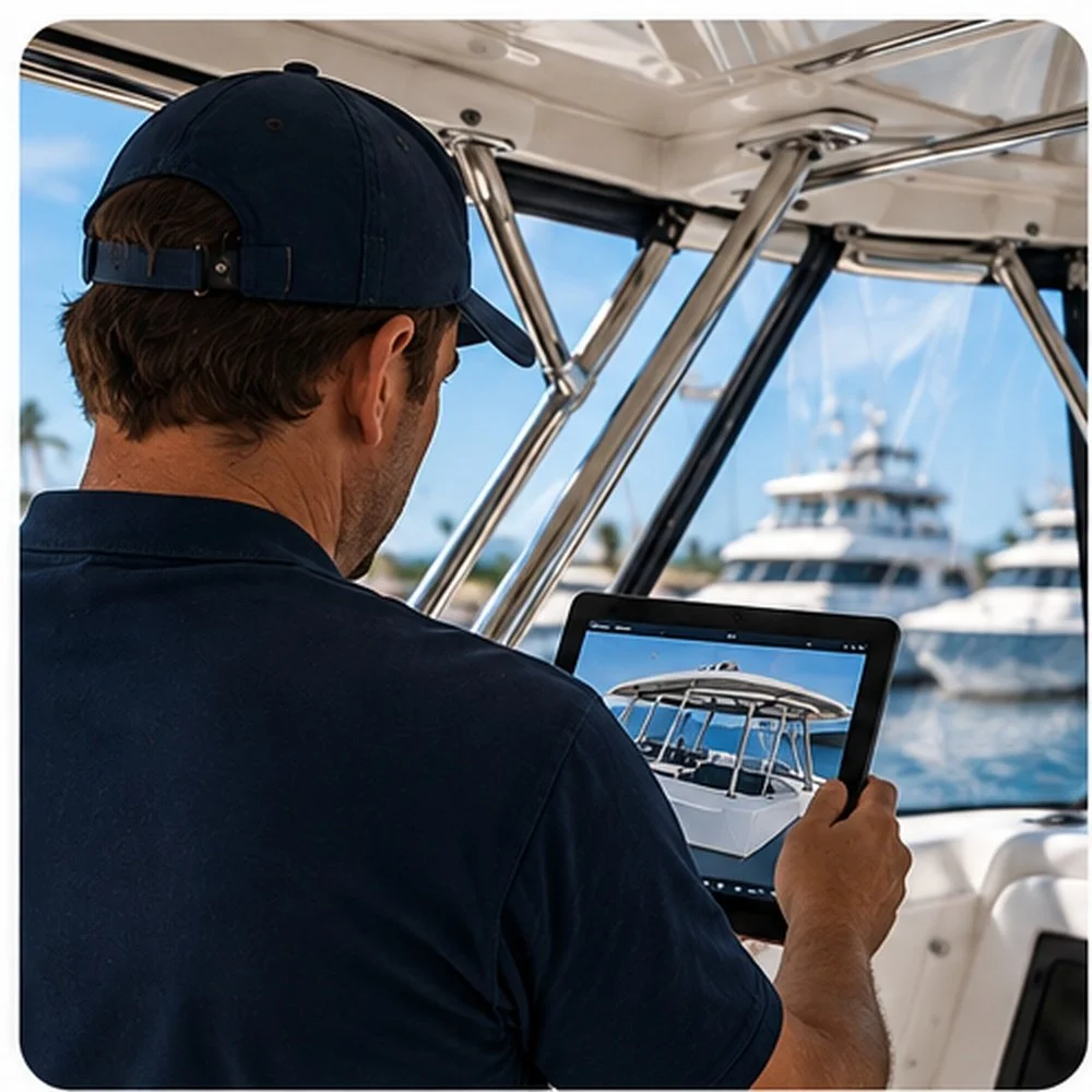 A man on a boat wearing a navy cap and shirt, looking at a tablet displaying a 3D rendering of a boat, with yachts and palm trees in the background.