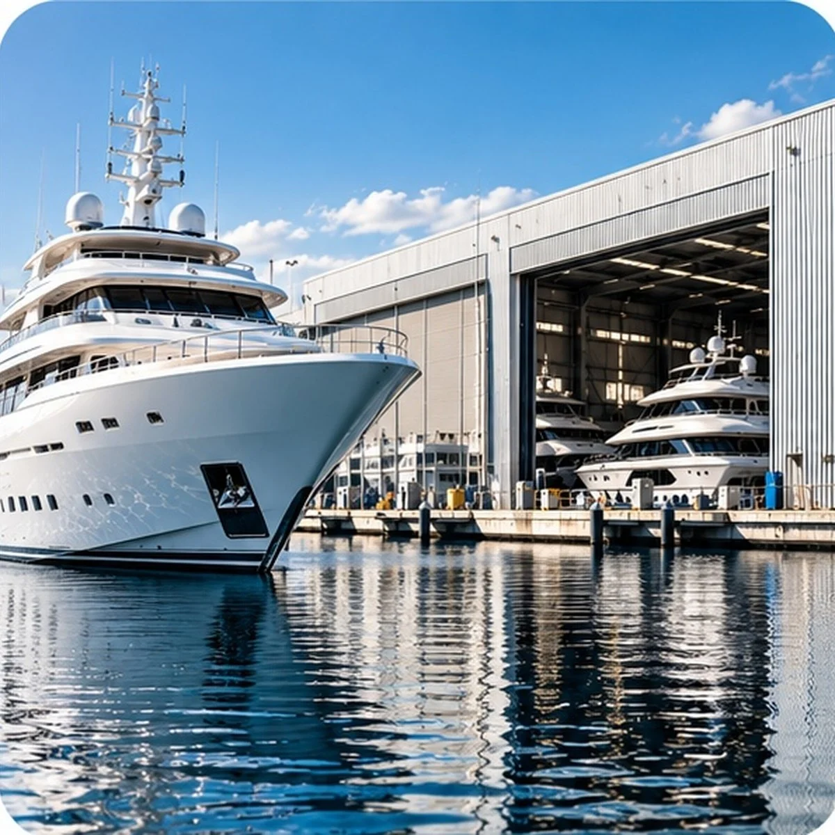 Large white yacht docked at a marina with other yachts inside a boat storage warehouse, under a partly cloudy sky.