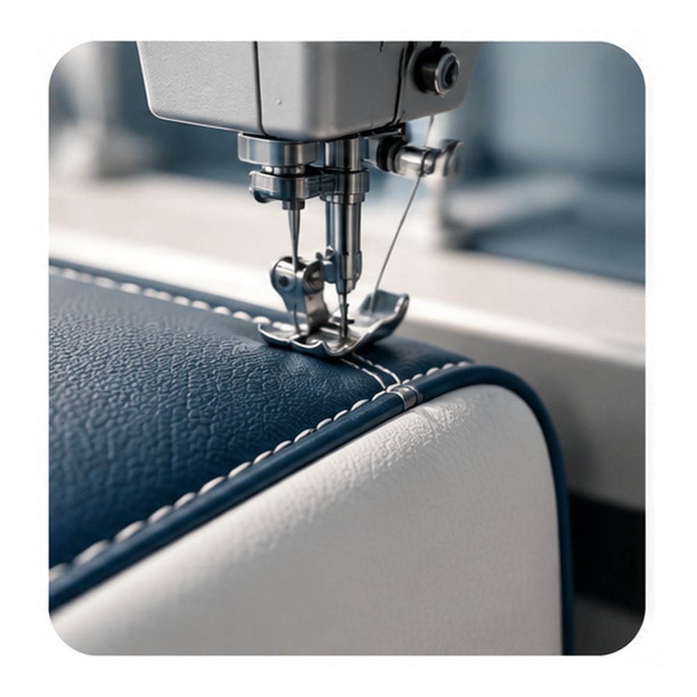 A sewing machine stitching white thread through dark blue and white textured fabric.