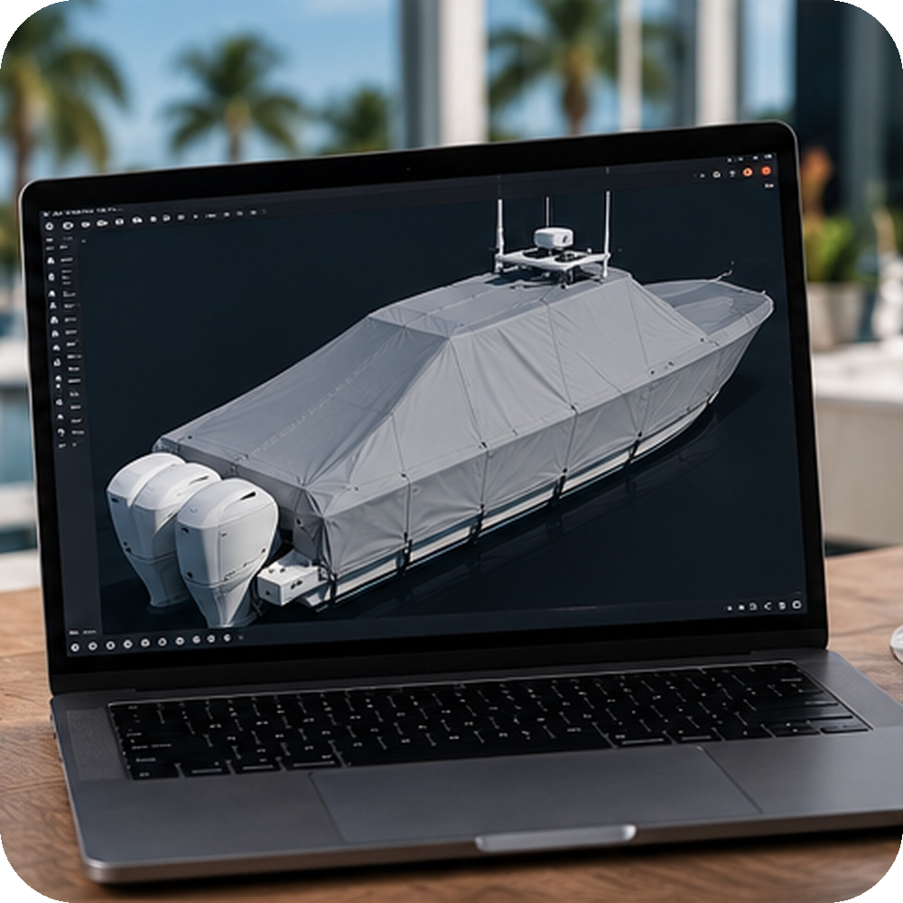 A laptop displaying a 3D model of a boat with dual engines, set on a wooden table outdoors with palm trees in the background.