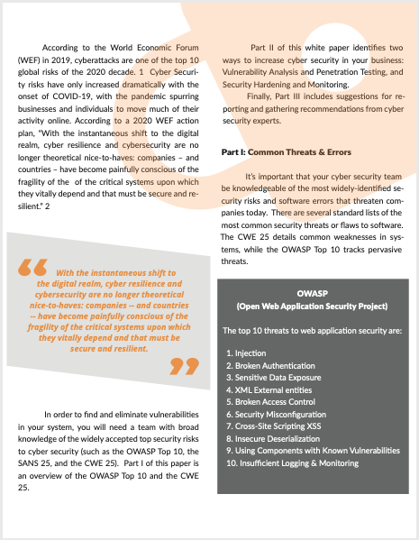 Page 2 of the Cyber Security White Paper which I wrote and designed using Adobe InDesign.  Click here to view the cover page.