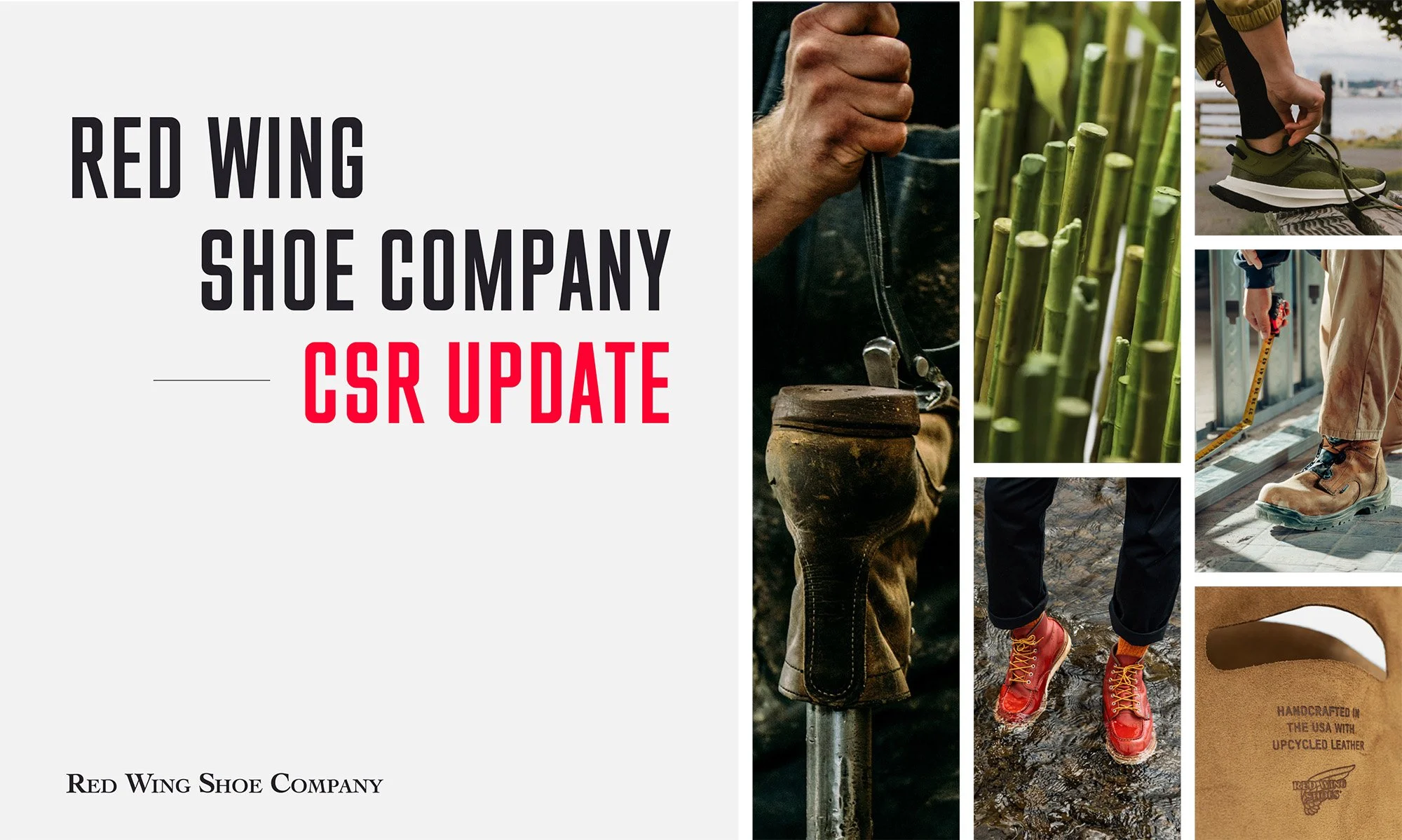 CSR Update, collaged images of footwear, sugar cane and recycled leather bags