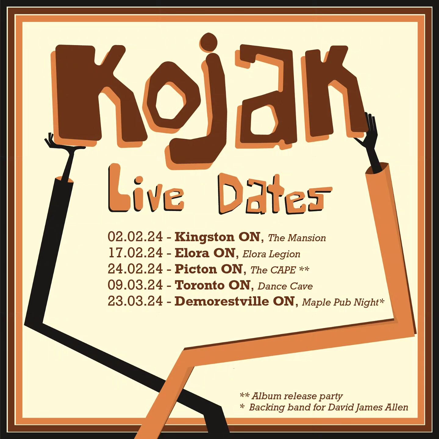 Have you been fixin' for a Kojak show? Well don't worry, we've got a couple-three-four on the horizon! Be sure to come on by if you're in the area!

It all starts off this Friday, Feb 2nd at @themansionkingston with @shortwalktopluto and @lusciousban