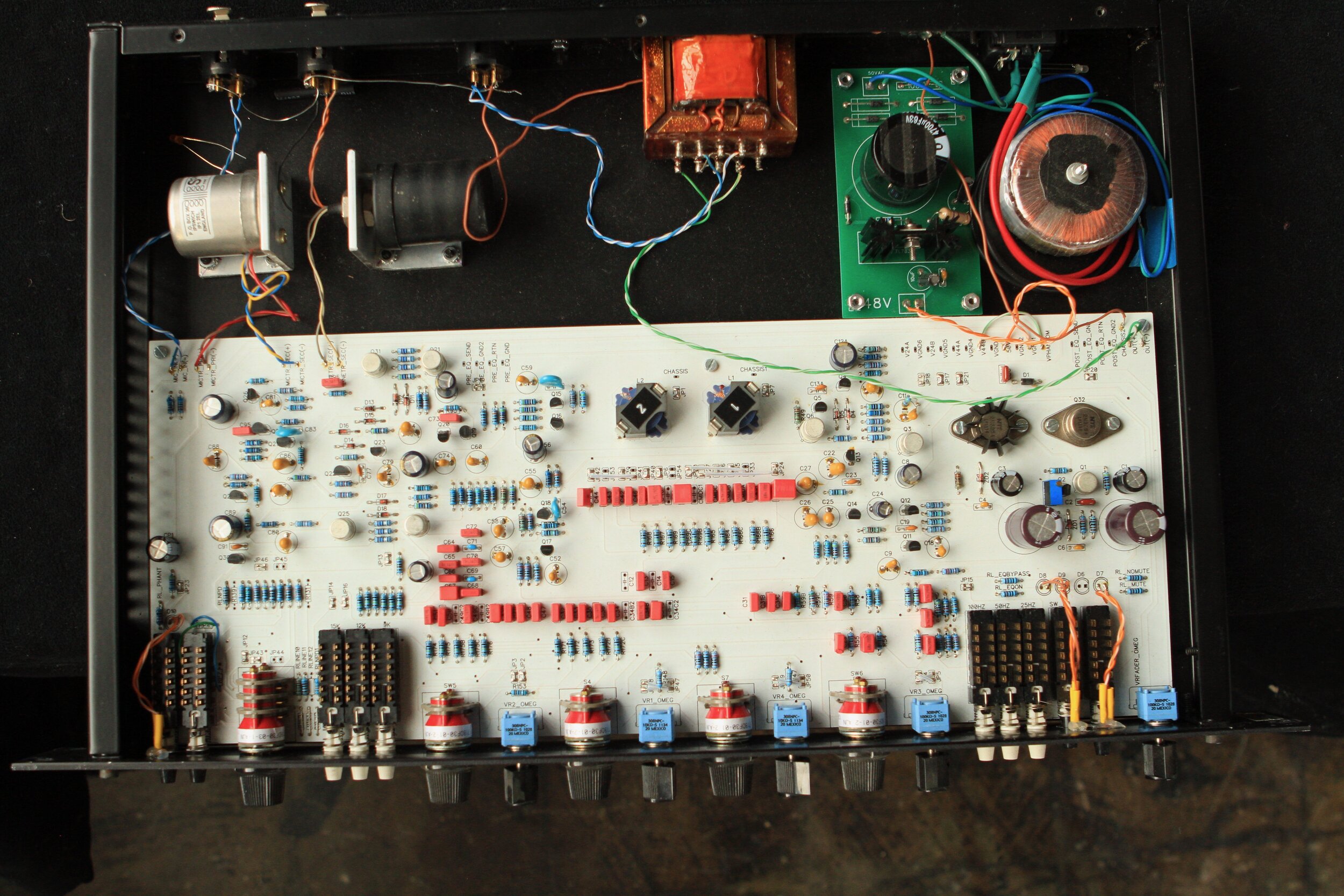 Based on examining the channel strips and original schematics at Smart Studios in Madison, WI, I drew a PCB, closely following the original routing. Like the original, two transformers are used for the mic and line input, with the 3 deck grayhill sw