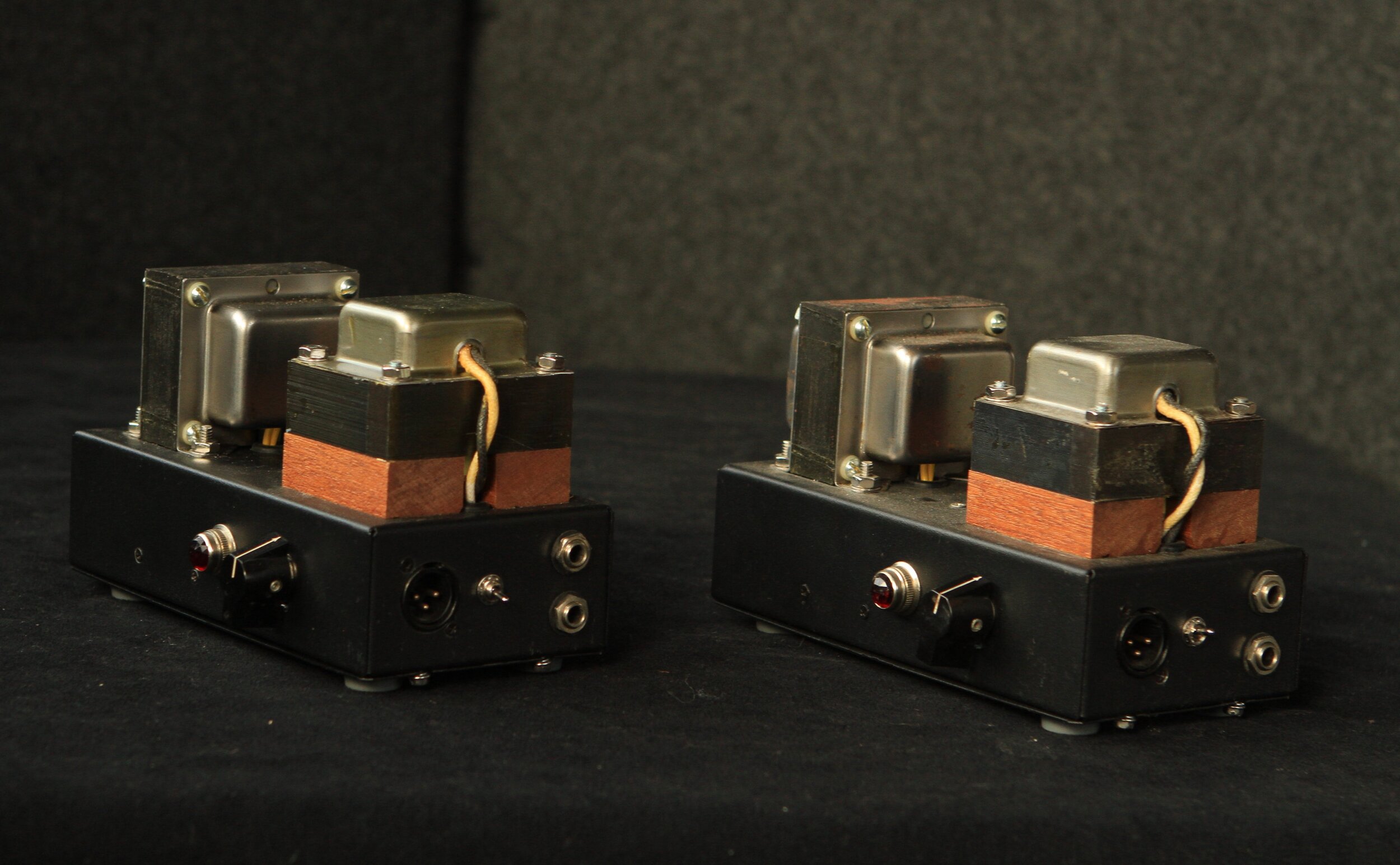 These tube DIs are inspired by the REDDI. They use a Russian Triode tube transformer coupled to the output. The output transformer was wound by CJ (at groupdiy) and is a spectacular sounding transformer. The close proximity of the power and output t