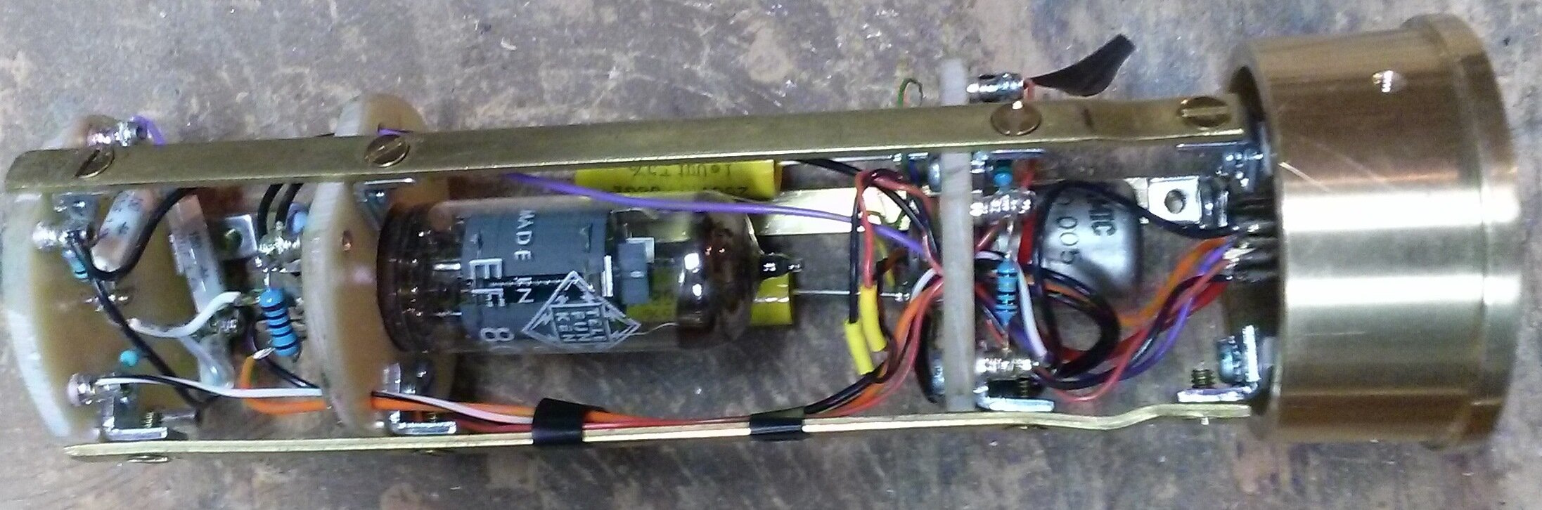 Built using turret boards, with a EF800 Telefunken tube, an AMI T47 transformer, and a Thiersch PVC cente terminated capsule. The power supply housing is from collective cases, and the power supply design is from danny (at groupdiy), which uses a ch
