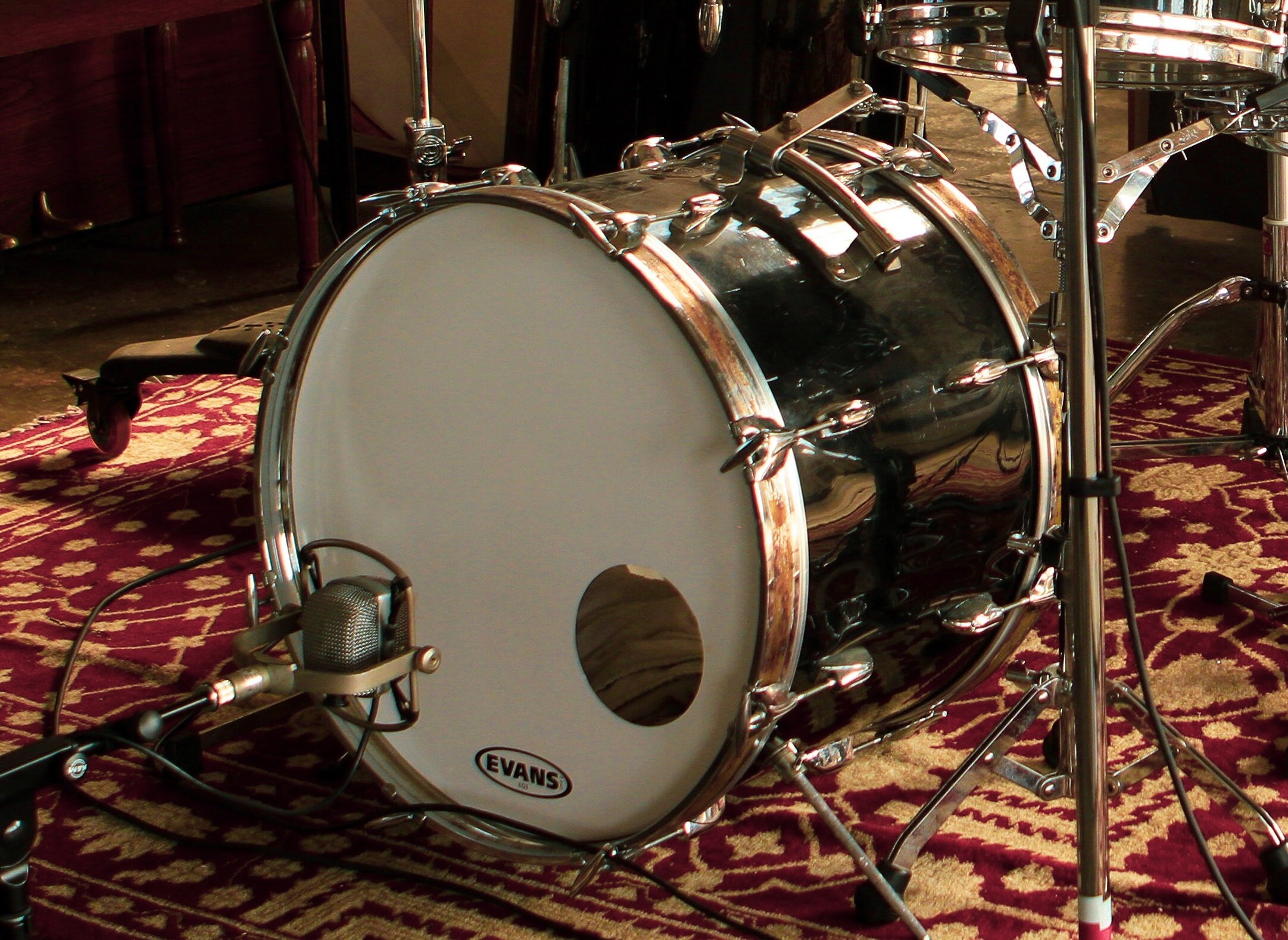 AKG D25 on bass drum. The D25, D20, and D12 were all the same element mounted in different configurations. All three are amazing microphones when healthy - but with poor alignment of the diaphragm, suffer from poor bass response.