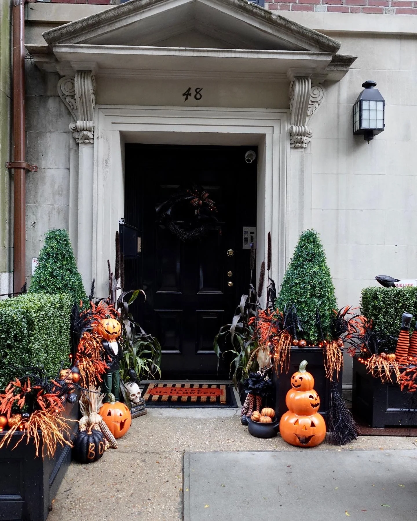  New York City brownstones decorated with Halloween decorations on the Upper East Side 