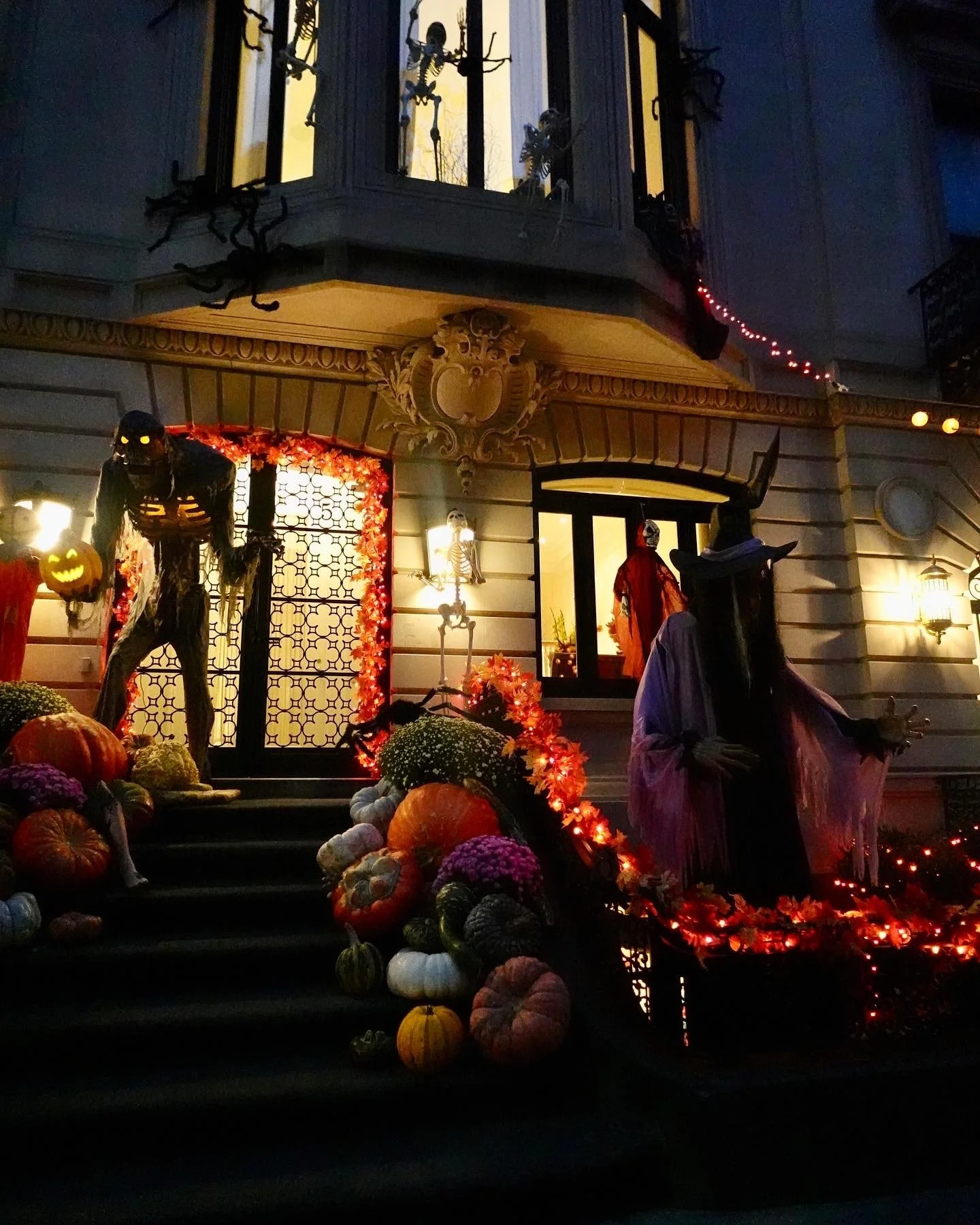  New York City brownstones decorated with Halloween decorations on the Upper East Side 