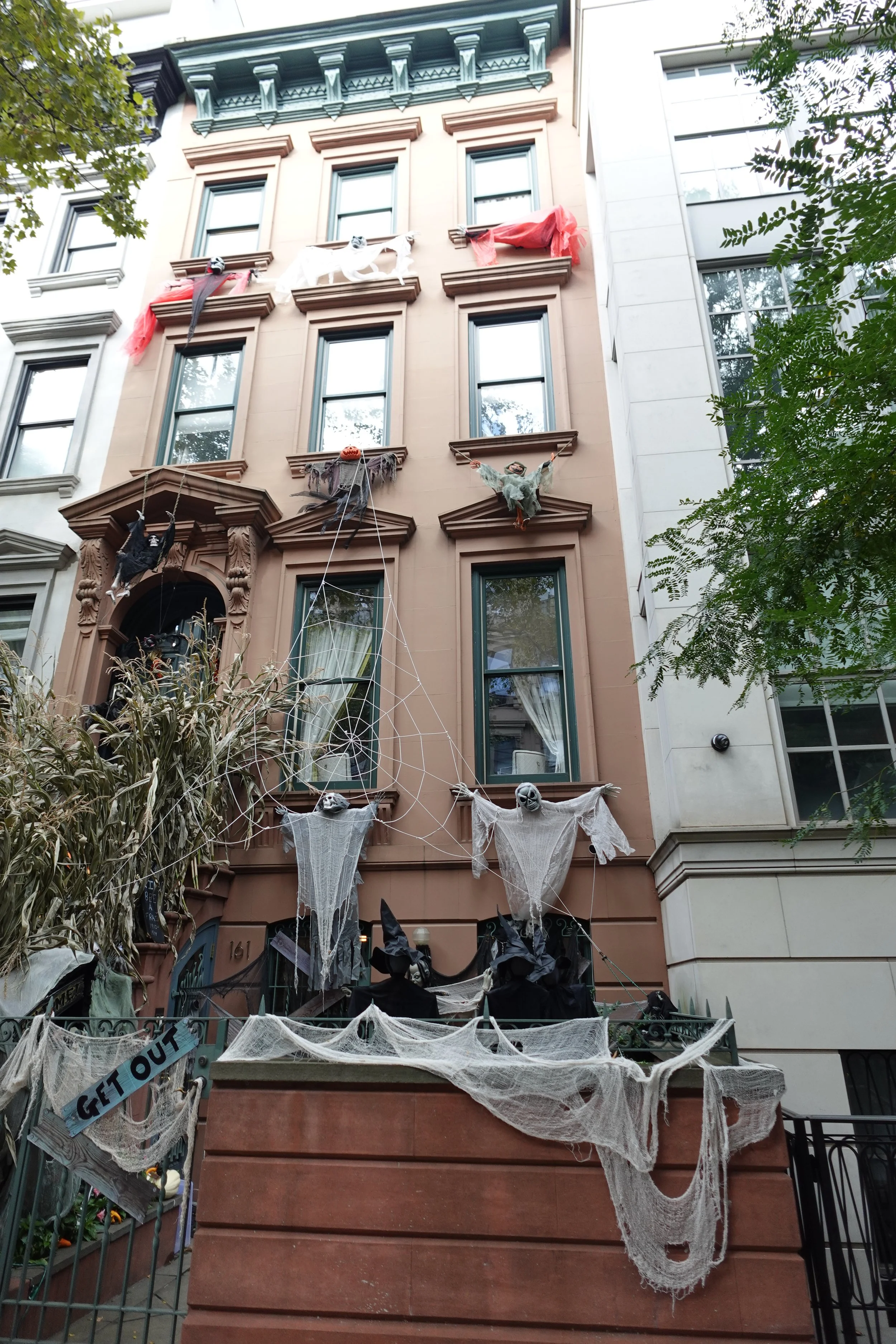  New York City brownstones decorated with Halloween decorations on the Upper East Side 