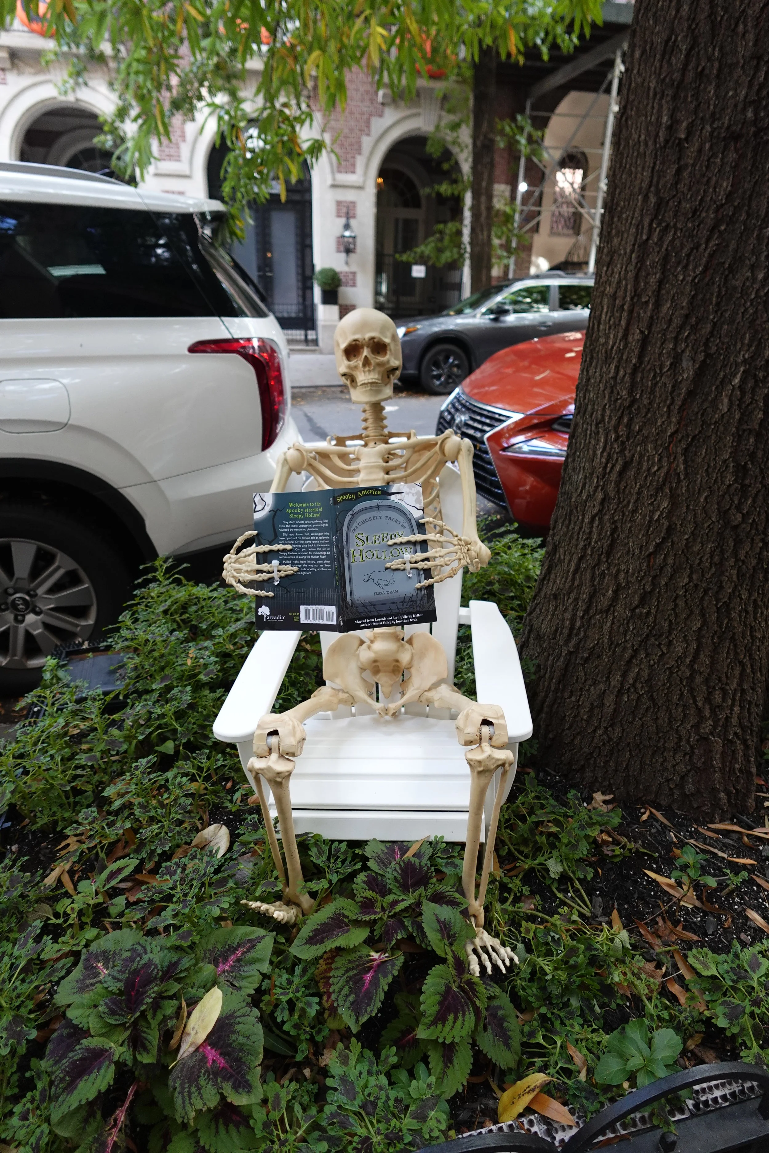  New York City brownstones decorated with Halloween decorations on the Upper East Side 