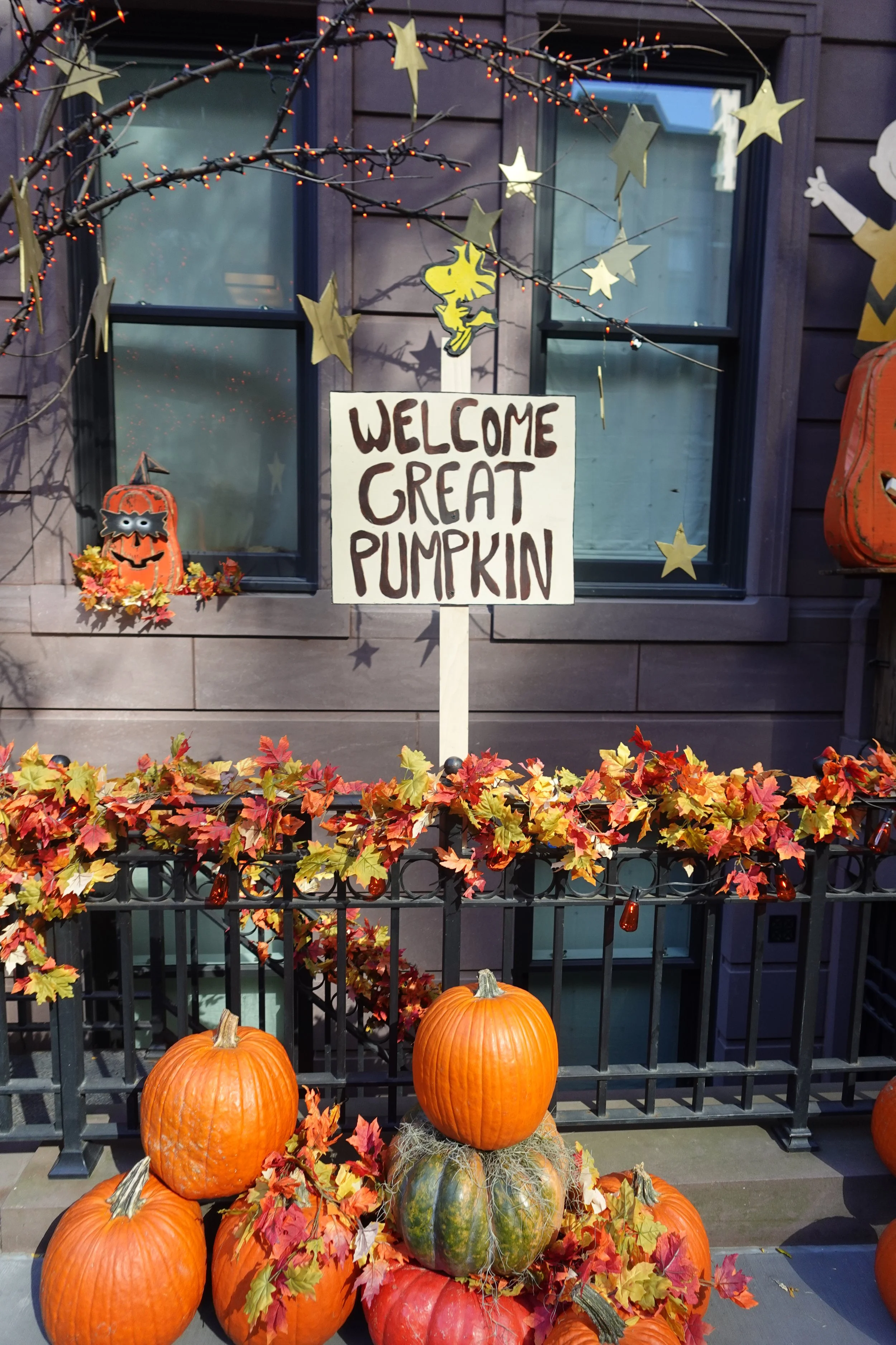  Pumpkins and fall wreaths decorating a townhouse entrance on the Upper East Side 
