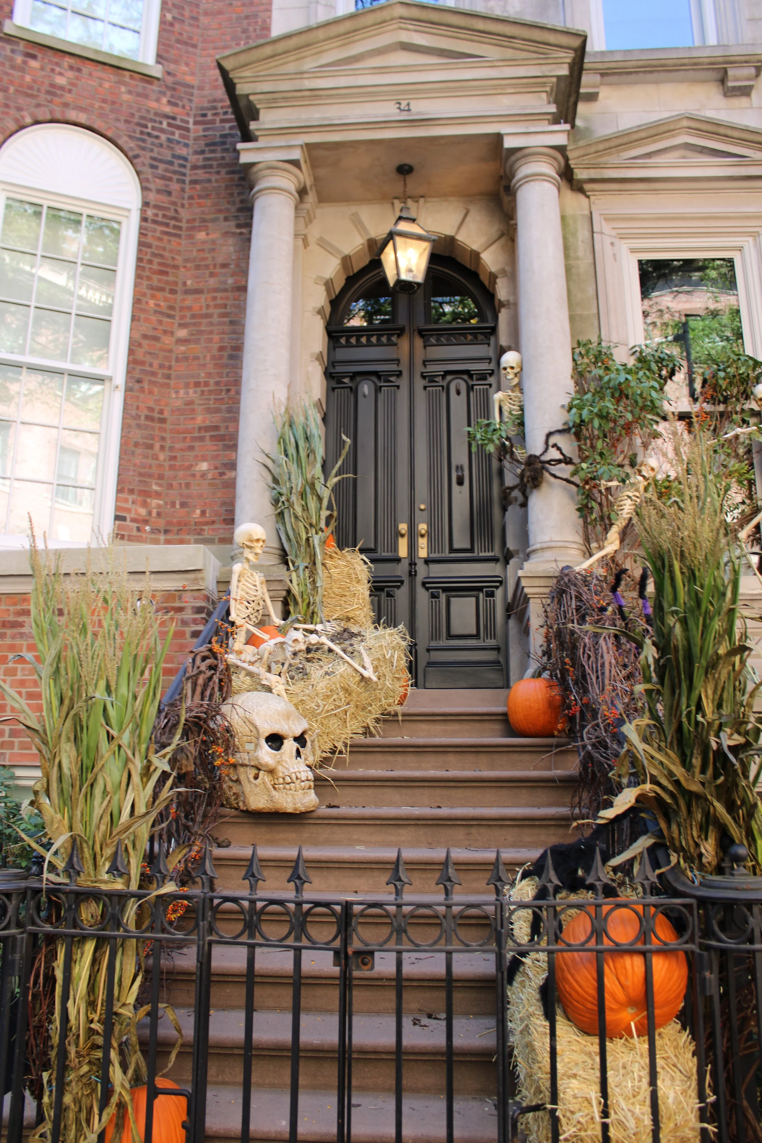  New York City brownstones decorated with Halloween decorations on the Upper East Side 