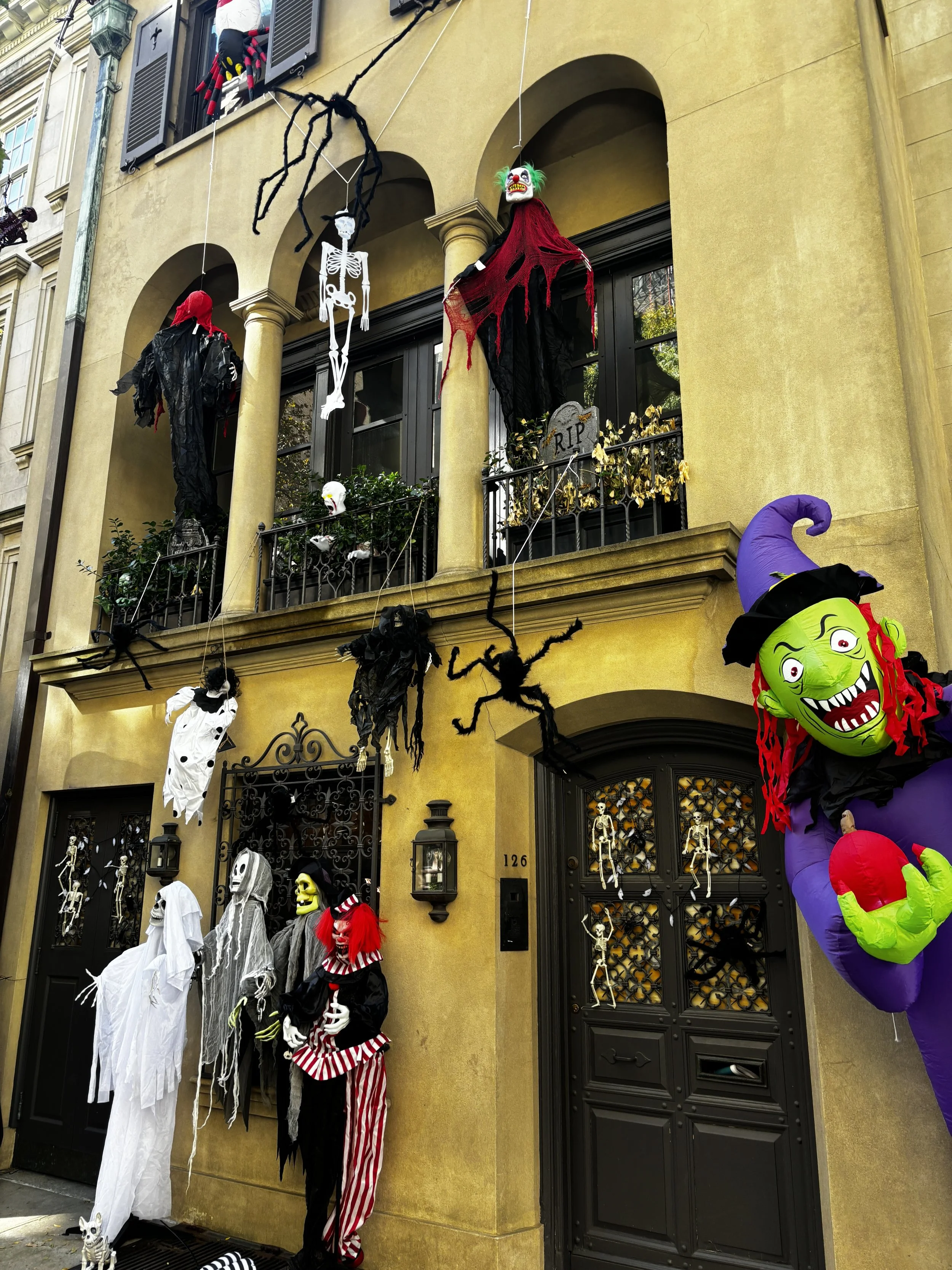 New York City brownstones decorated with Halloween decorations on the Upper East Side 
