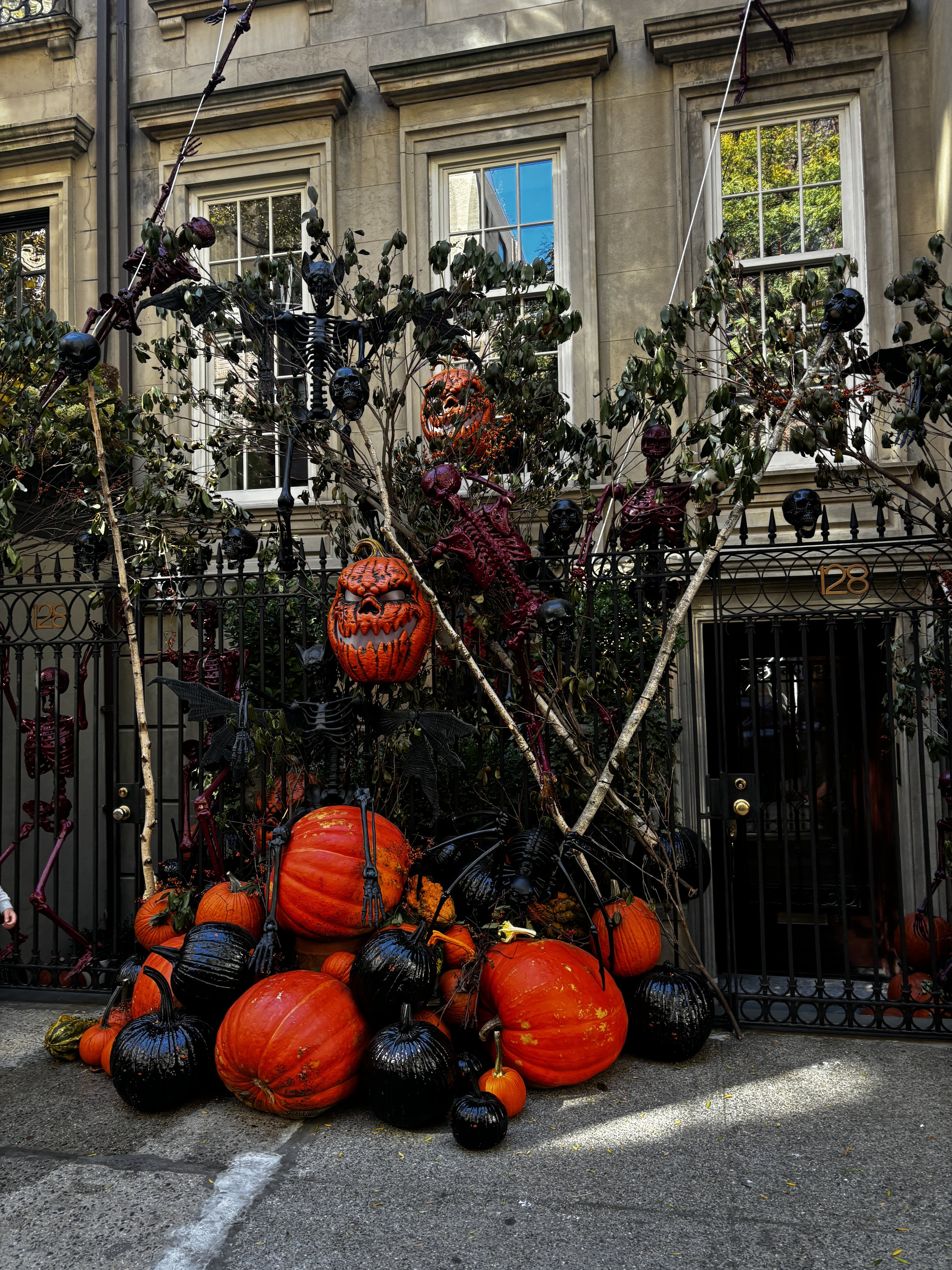  New York City brownstones decorated with Halloween decorations on the Upper East Side 