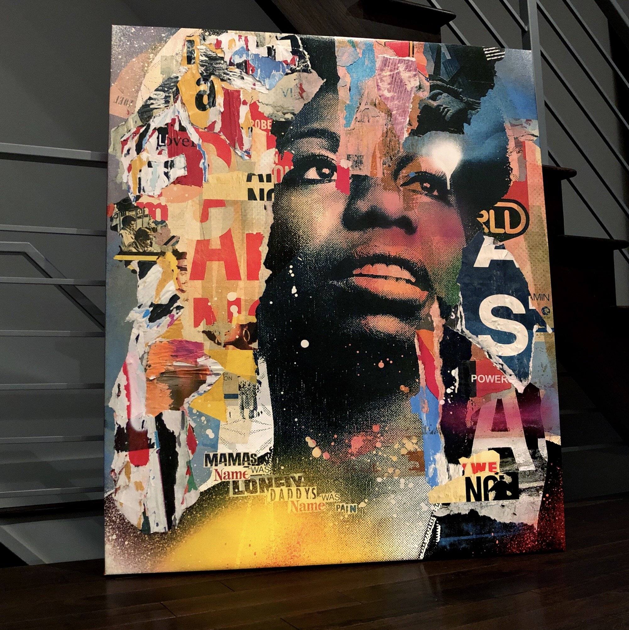 Nina Simone, 2020. 48”X40” Pigment, spray &amp; acrylic paint, paper, glue &amp; varnish on canvas 
