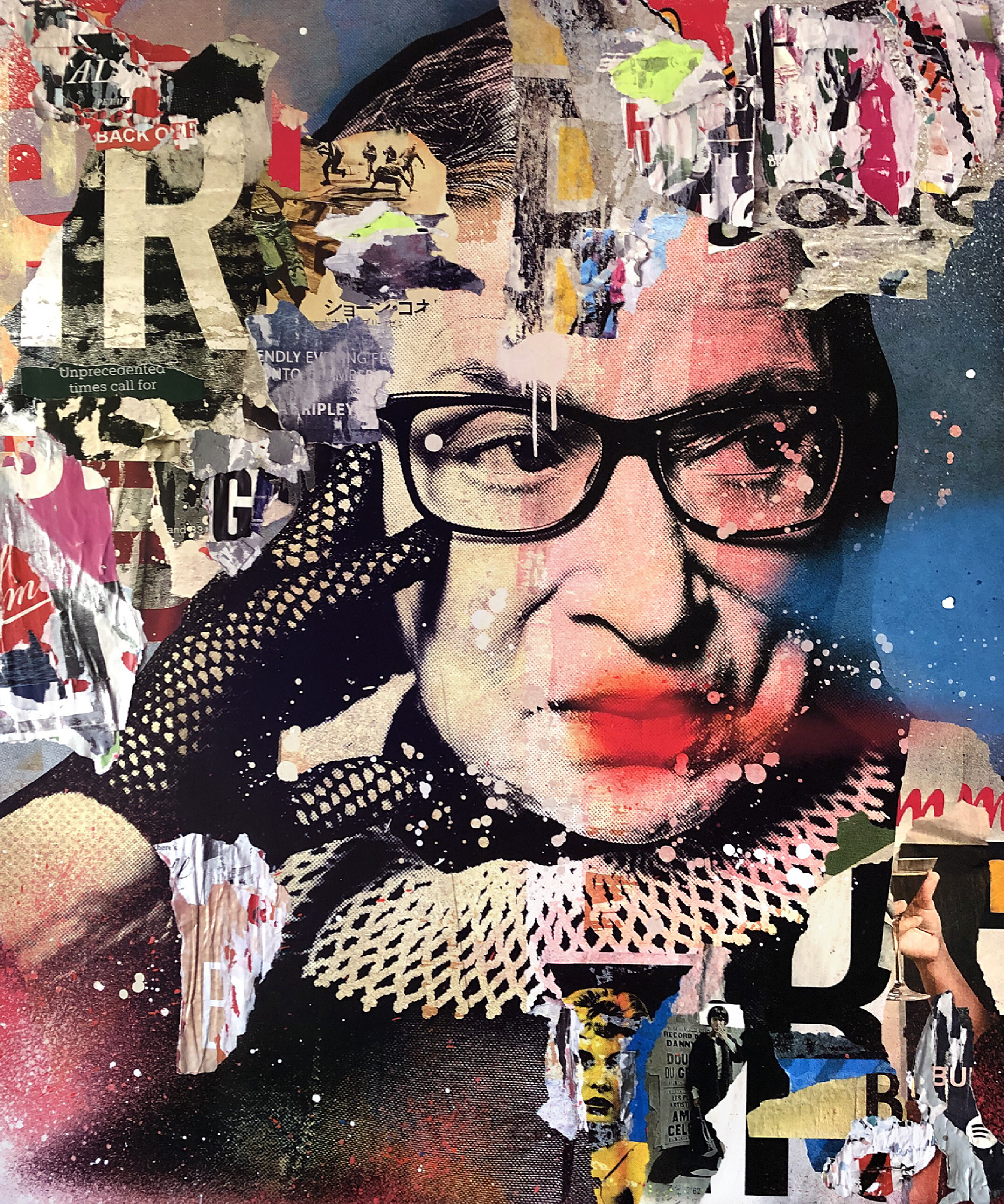 Ruth Bader Ginsburg, The Notorious, 2020.  60"x50" Pigment, spray &amp; acrylic paint, paper, glue &amp; varnish on canvas