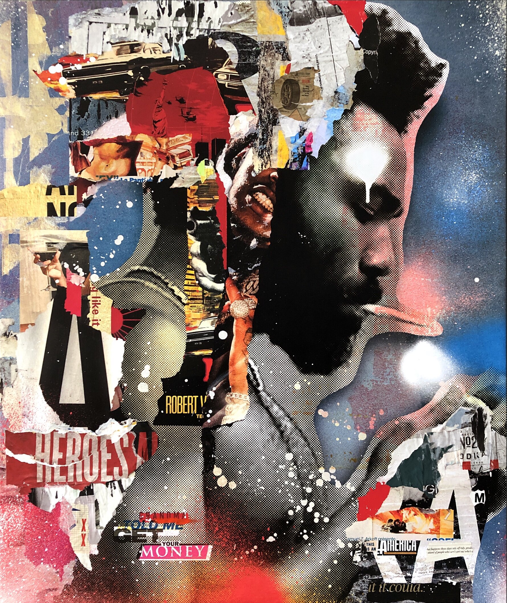 This Is America, 2020. 48"x40" Pigment, spray &amp; acrylic paint, paper, glue &amp; varnish on canvas