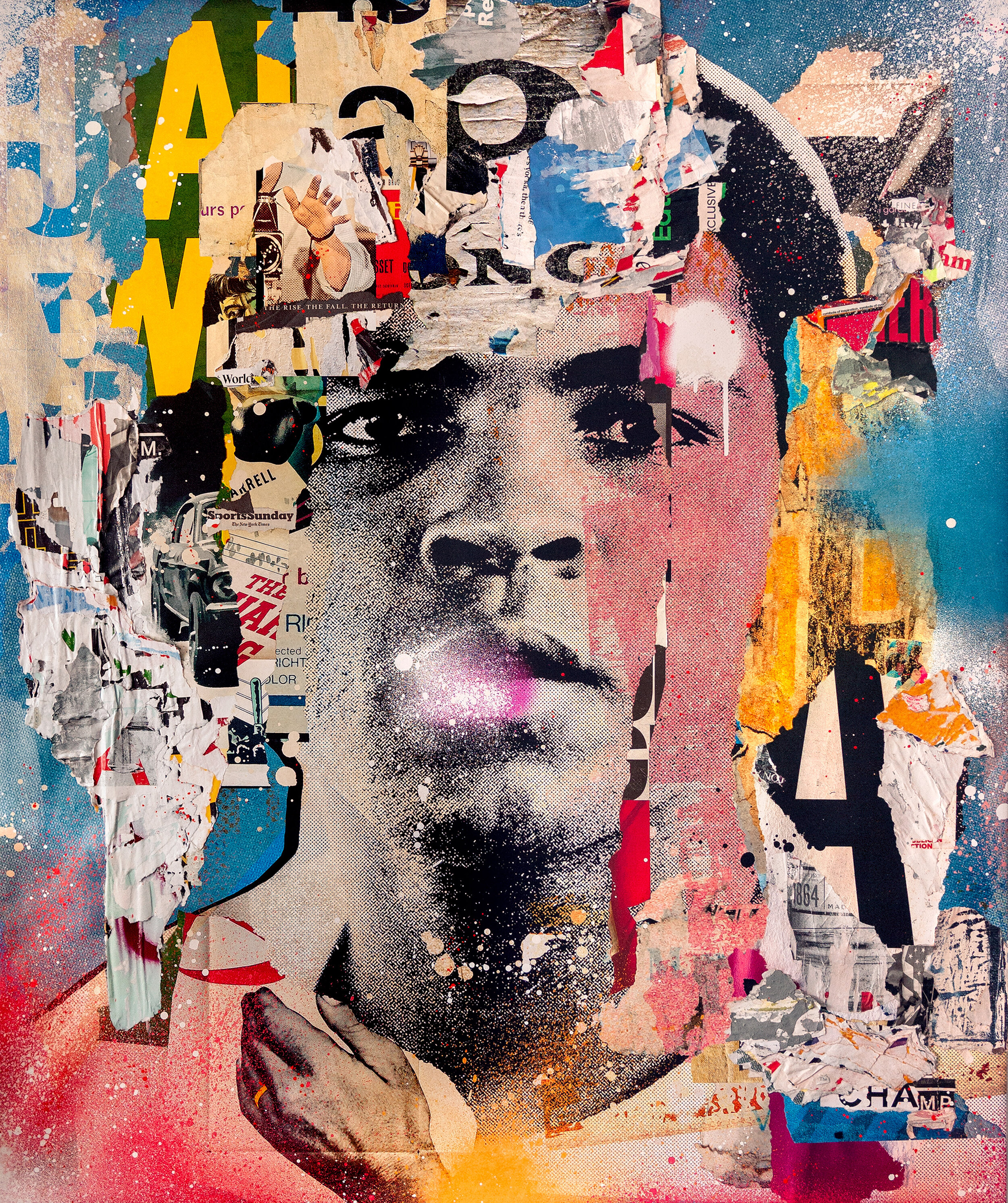 "The Champ" Muhammad Ali, 2021. 60"x50" Pigment, spray &amp; acrylic paint, paper, glue &amp; varnish on canvas