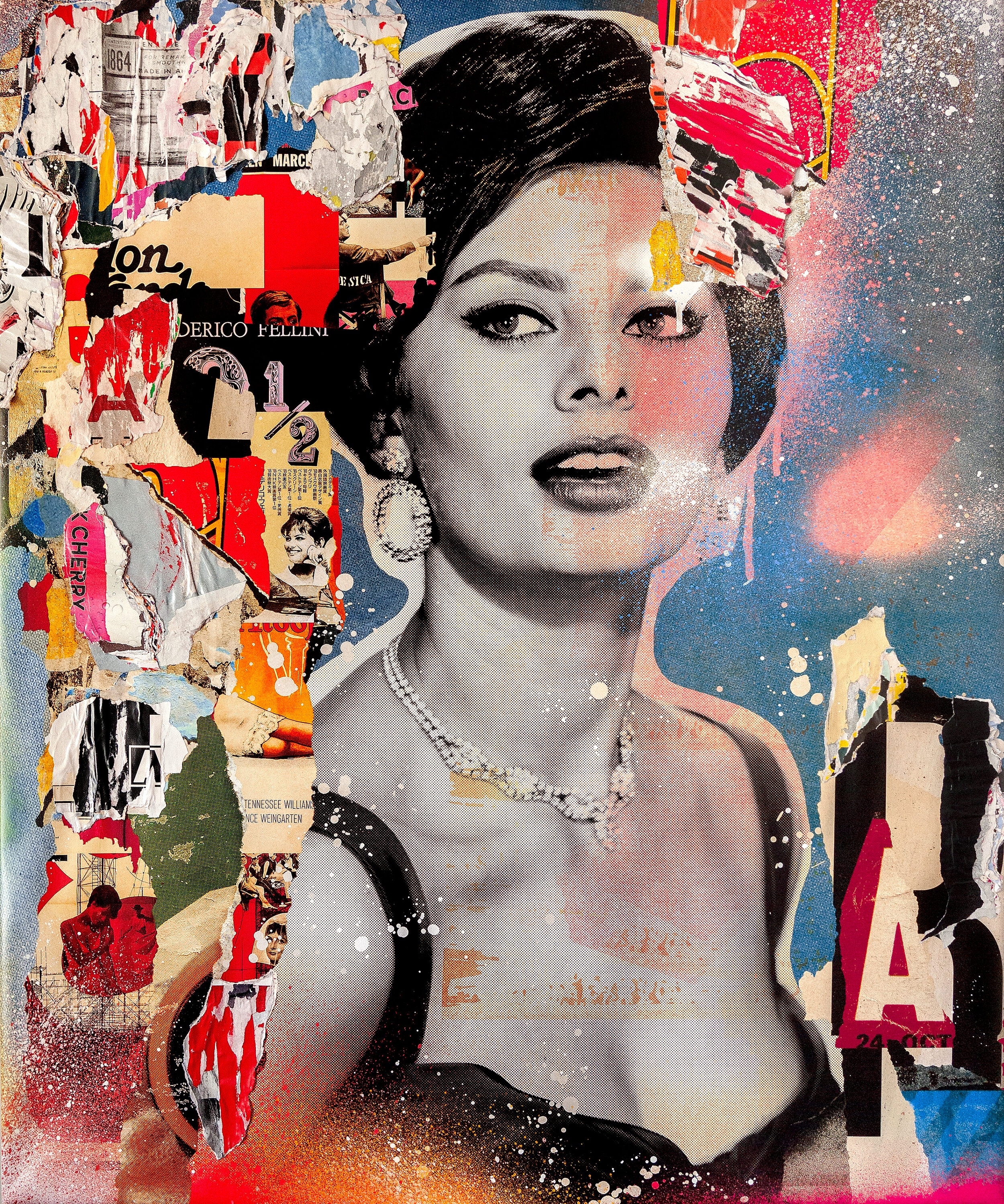 "Sophia Loren" 2021. 60"x50" Pigment, spray &amp; acrylic paint, paper, glue &amp; varnish on canvas