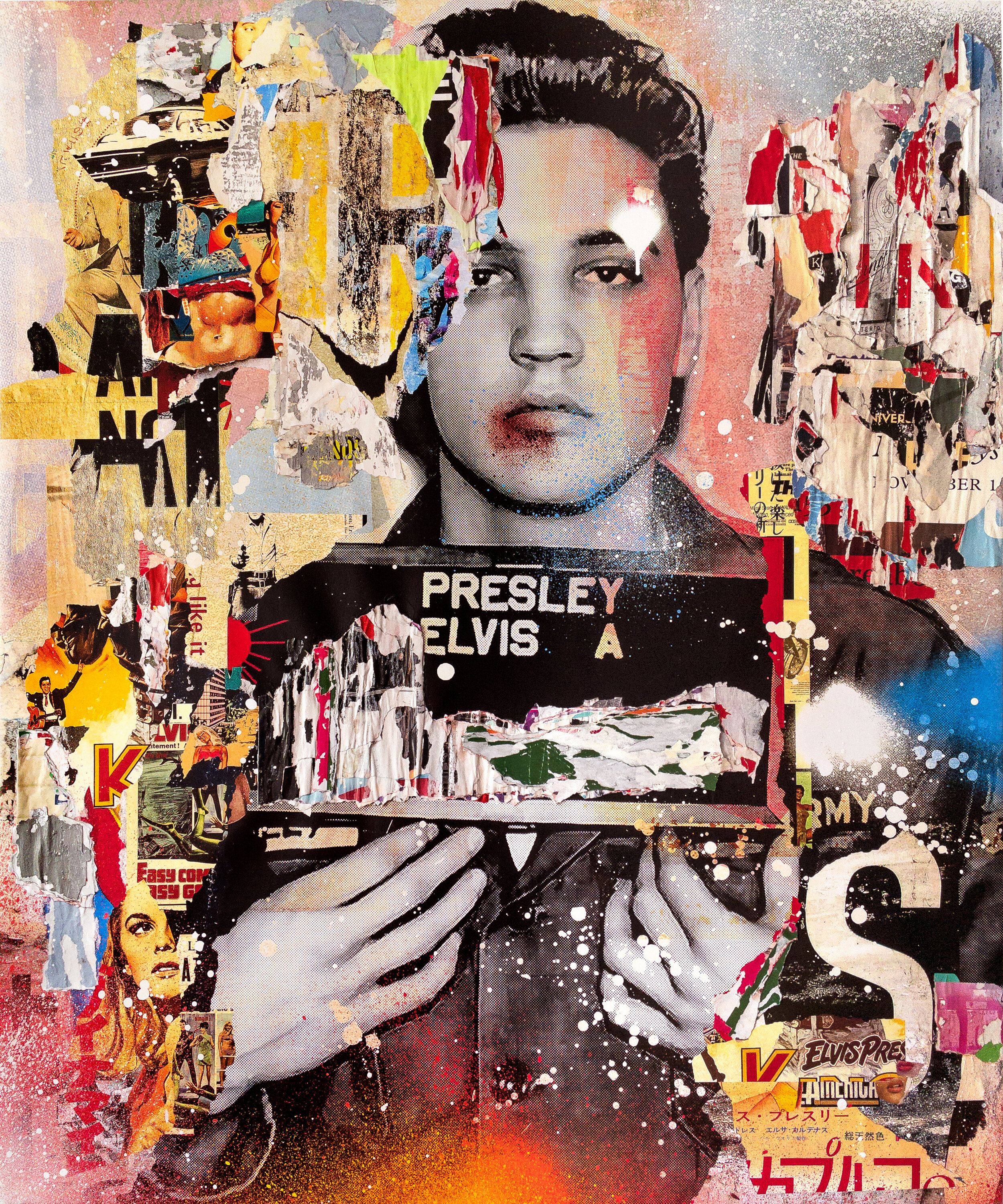 "Presley, Elvis A" 2021. 60"x50" Pigment, spray &amp; acrylic paint, paper, glue &amp; varnish on canvas