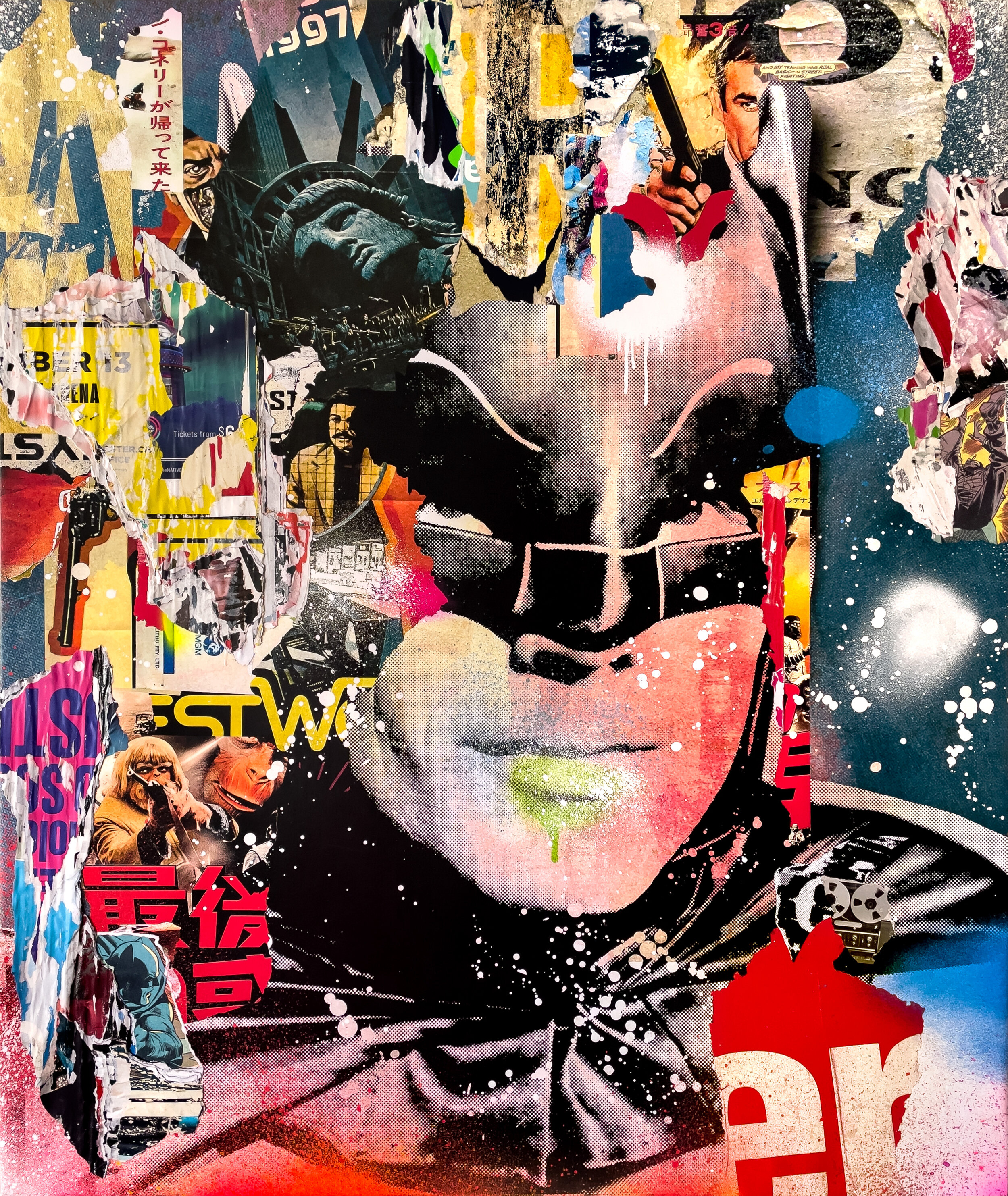 "I'm Batman" 2021. 60"x50" Pigment, spray &amp; acrylic paint, paper, glue &amp; varnish on canvas