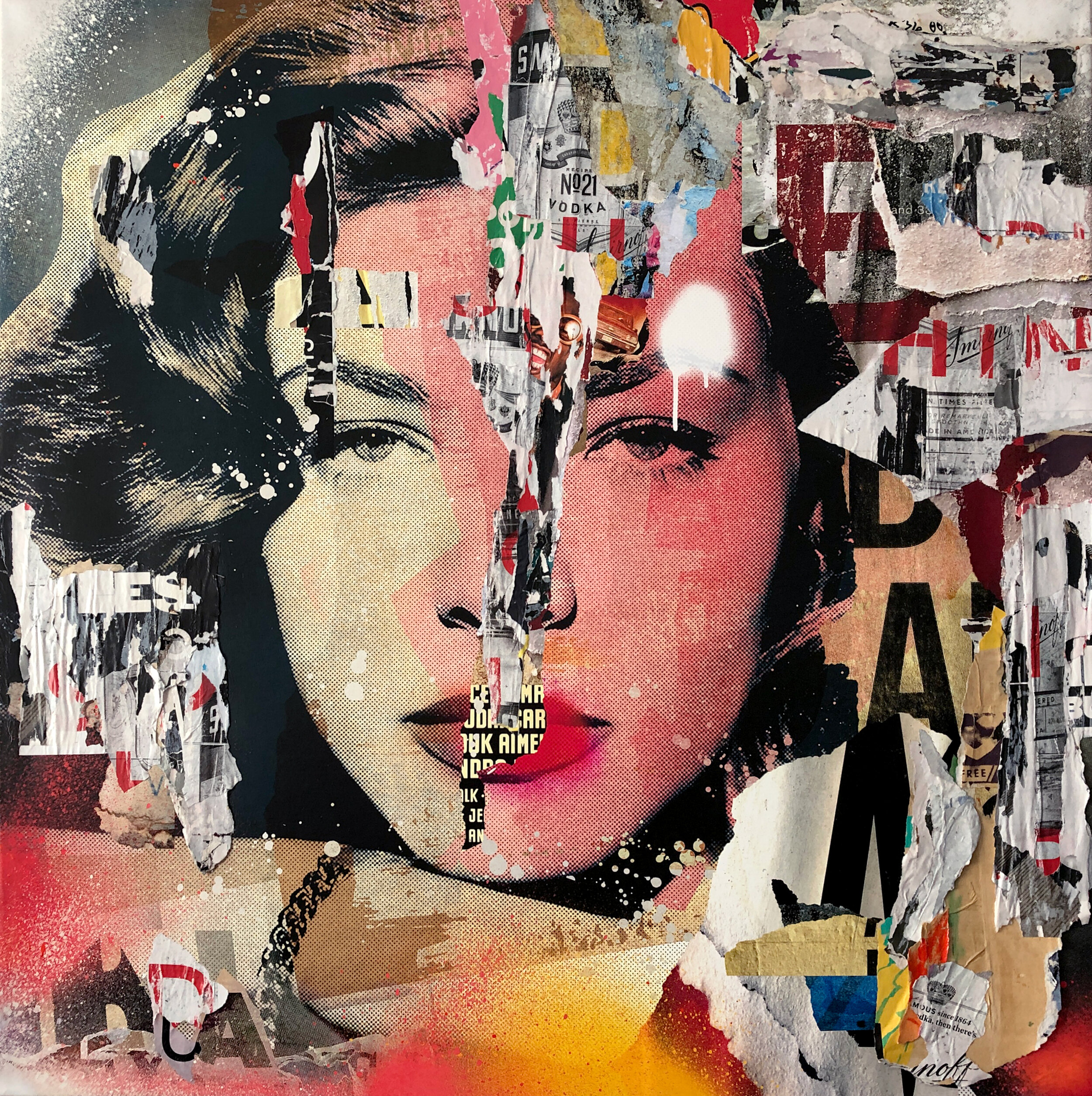 Lauren Bacall No. 2, 2020.  50"x50" Pigment, spray &amp; acrylic paint, paper, glue &amp; varnish on canvas