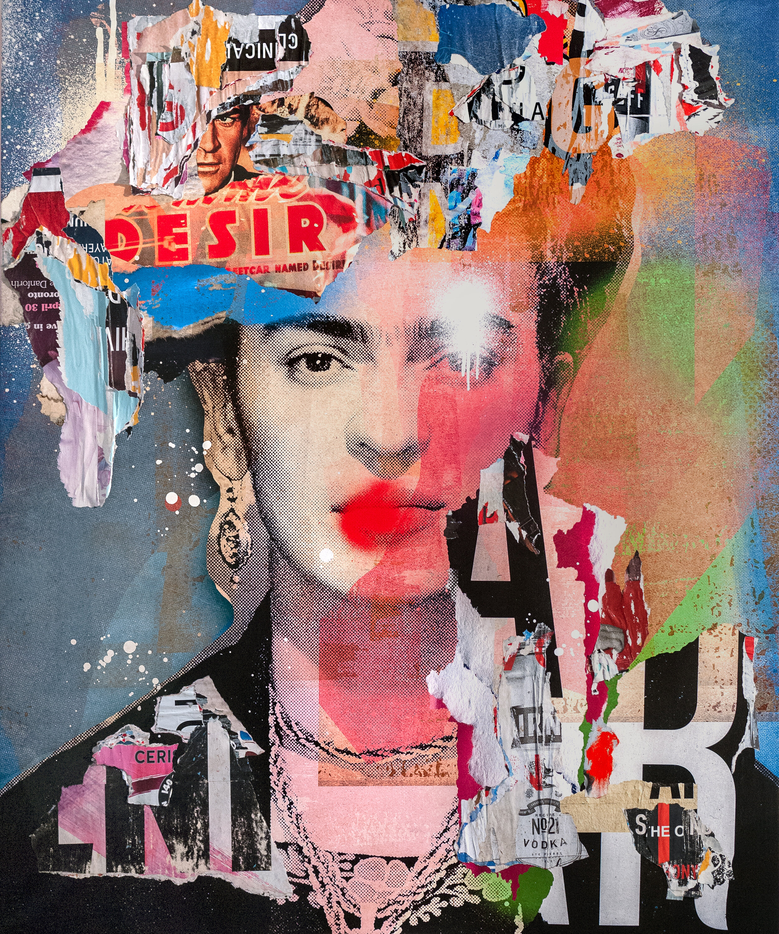 Frida Kahlo, 2020.  60"x50" Pigment, spray &amp; acrylic paint, paper, glue &amp; varnish on canvas