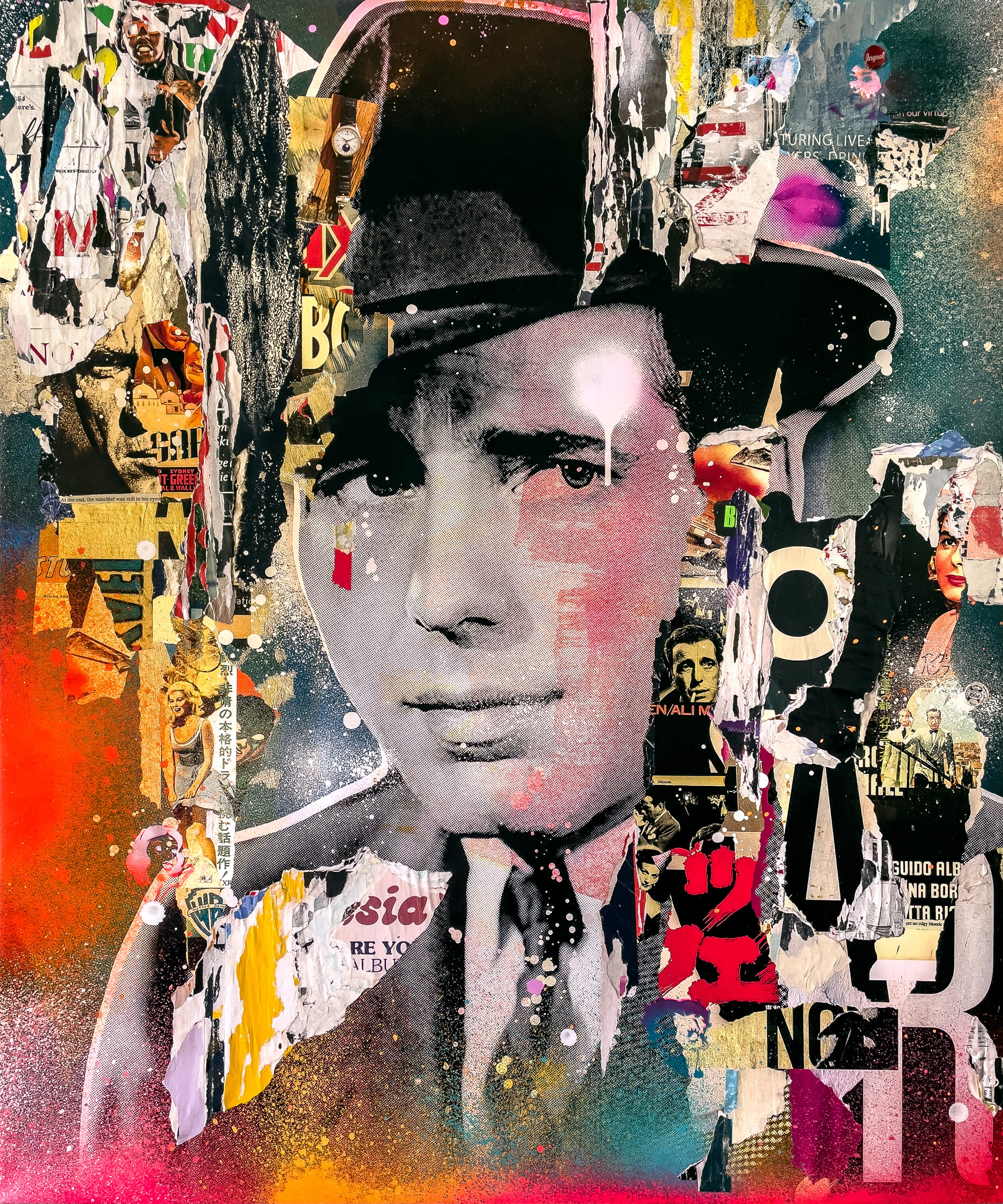 "Bogart O.G." 2021. 60"x50" Pigment, spray &amp; acrylic paint, paper, glue &amp; varnish on canvas