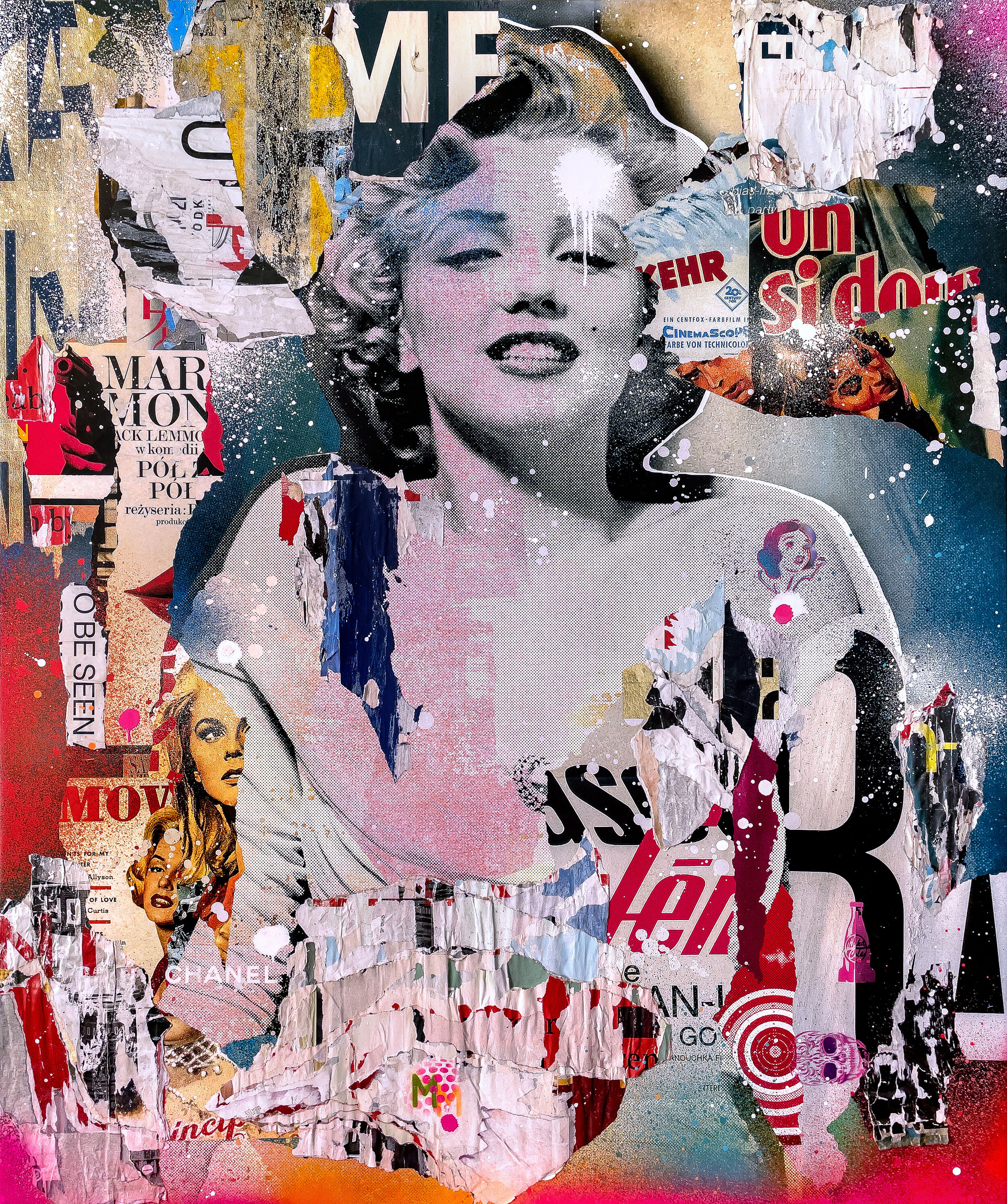 "Marilyn" 2021. 60"x50" Pigment, spray &amp; acrylic paint, paper, glue &amp; varnish on canvas