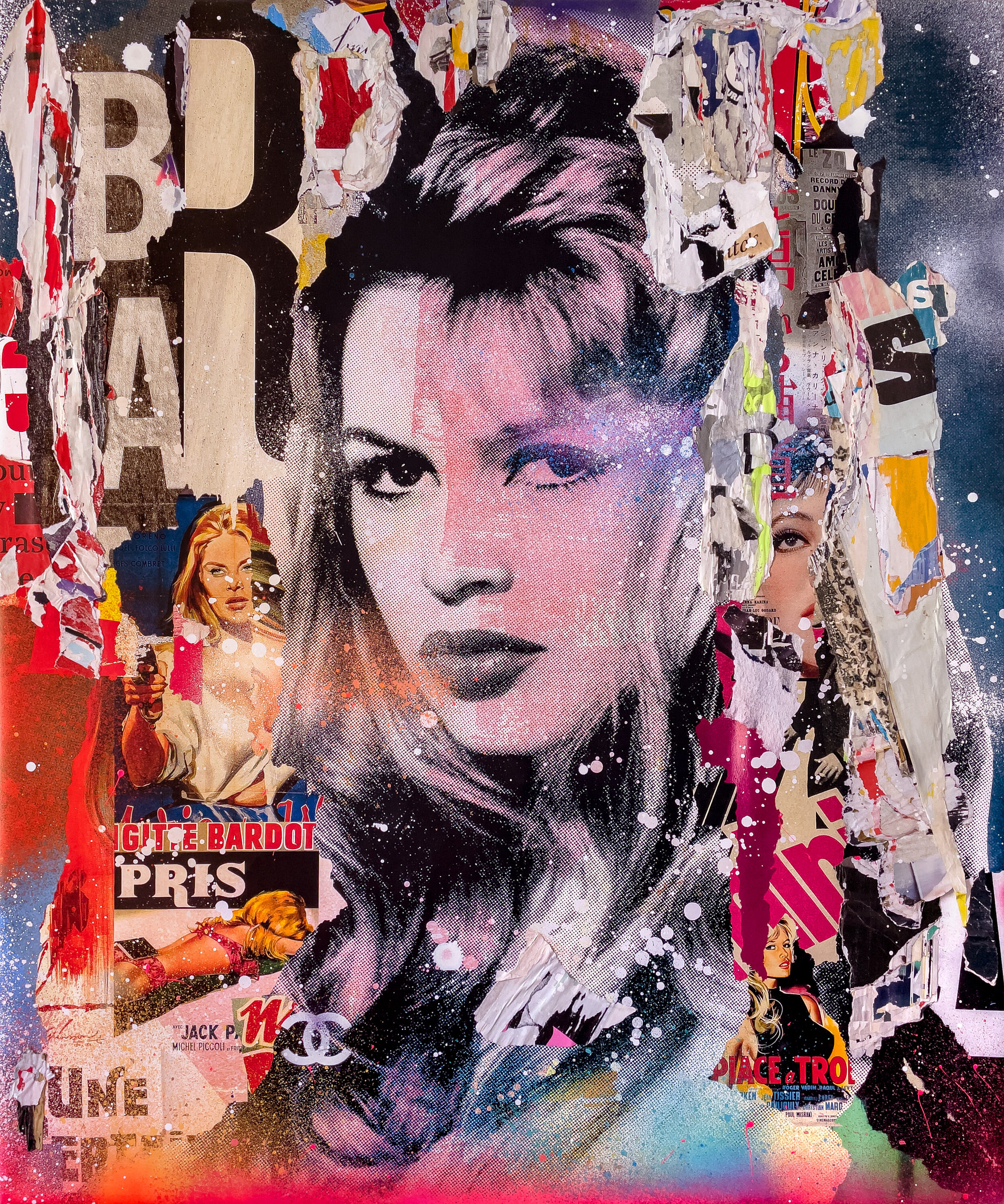 "Brigitte" 2021. 60"x50" Pigment, spray &amp; acrylic paint, paper, glue &amp; varnish on canvas